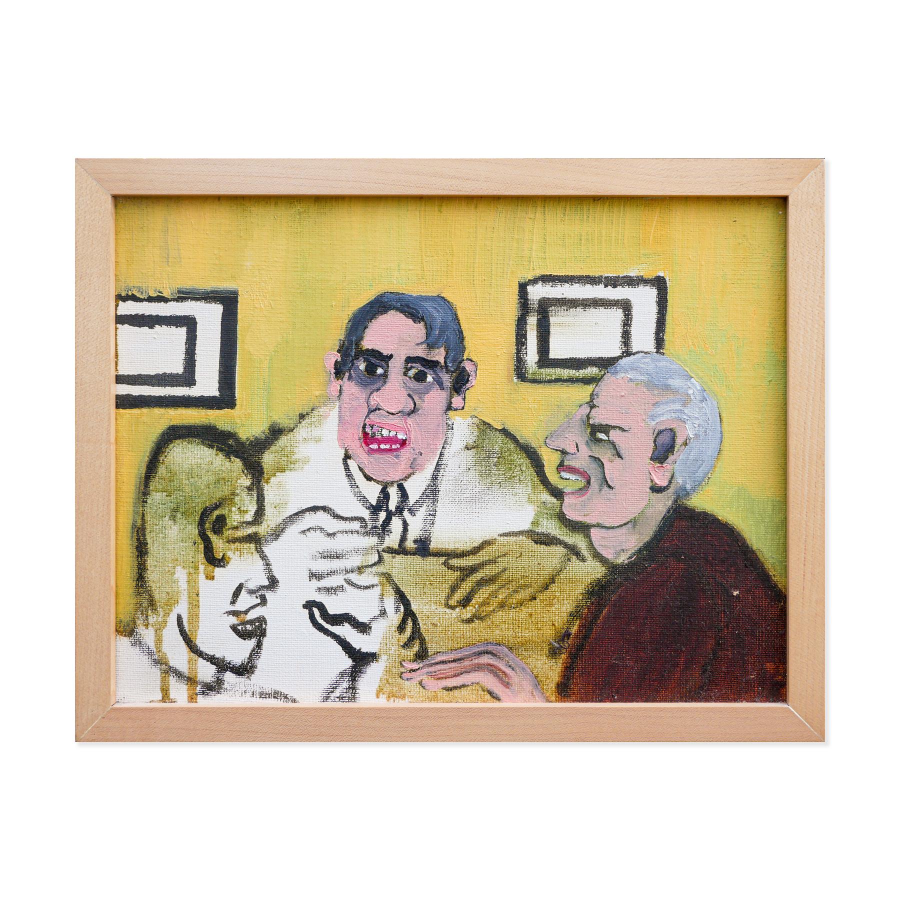 Yellow, brown, and white abstract figurative painting attributed to Ray Collins. The small painting depicts a group of three men around a table in an interior setting. The piece is unsigned. Framed in a simple natural wooden frame.

Dimensions