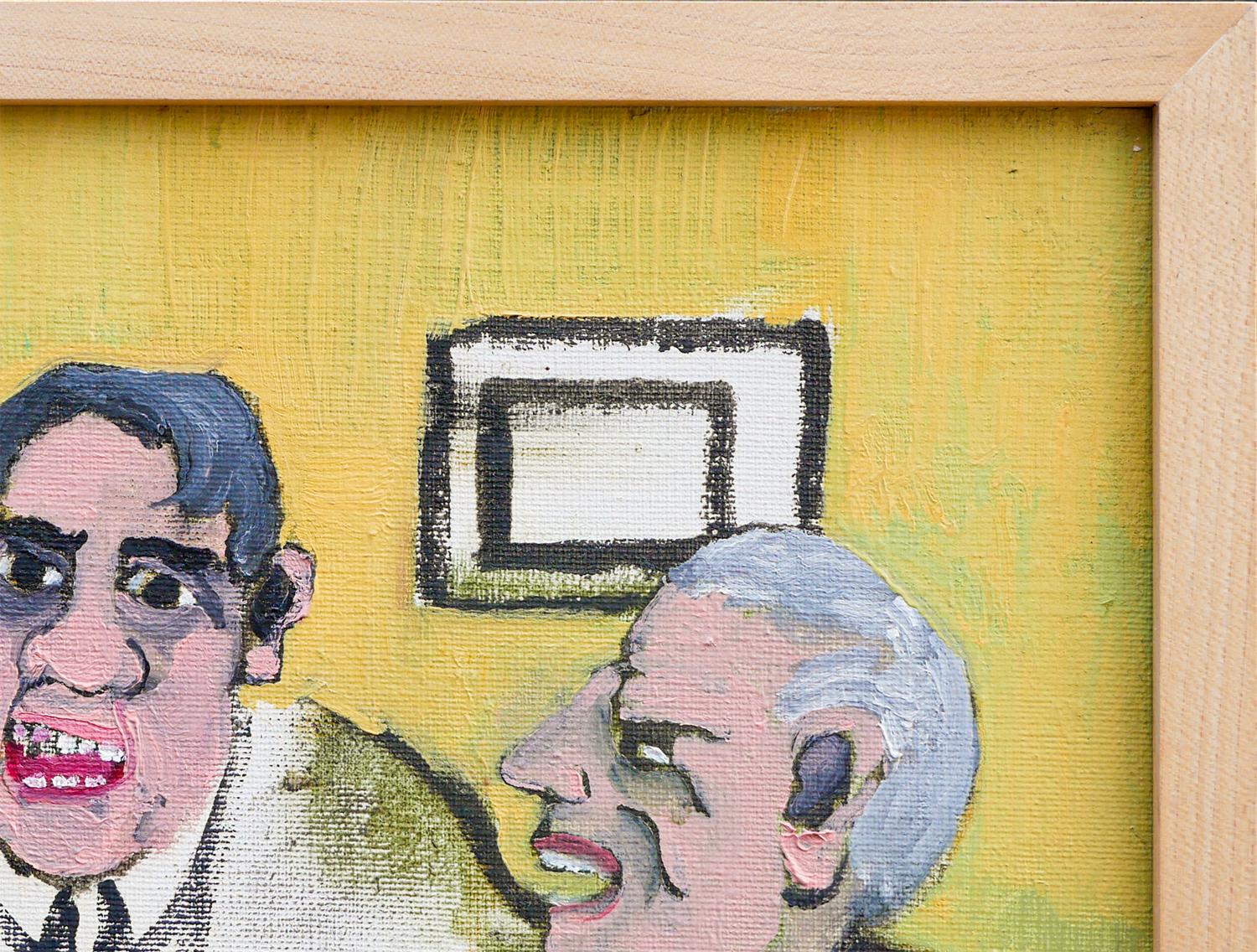 Peinture figurative abstraite jaune, brune et blanche attribuée à Ray Collins. Le petit tableau représente un groupe de trois hommes autour d'une table dans un décor intérieur. La pièce n'est pas signée. Encadré dans un simple cadre en bois