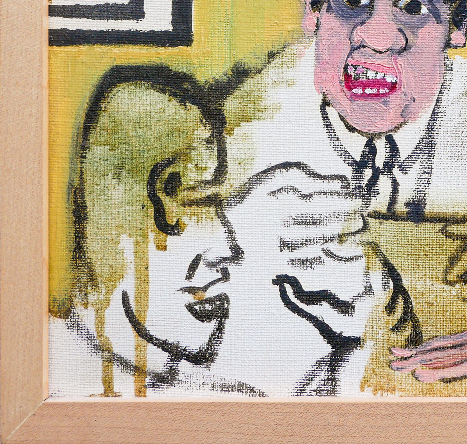 Gelbfarbenes abstraktes figuratives Gemälde von Männern um einen Tisch im Angebot 1