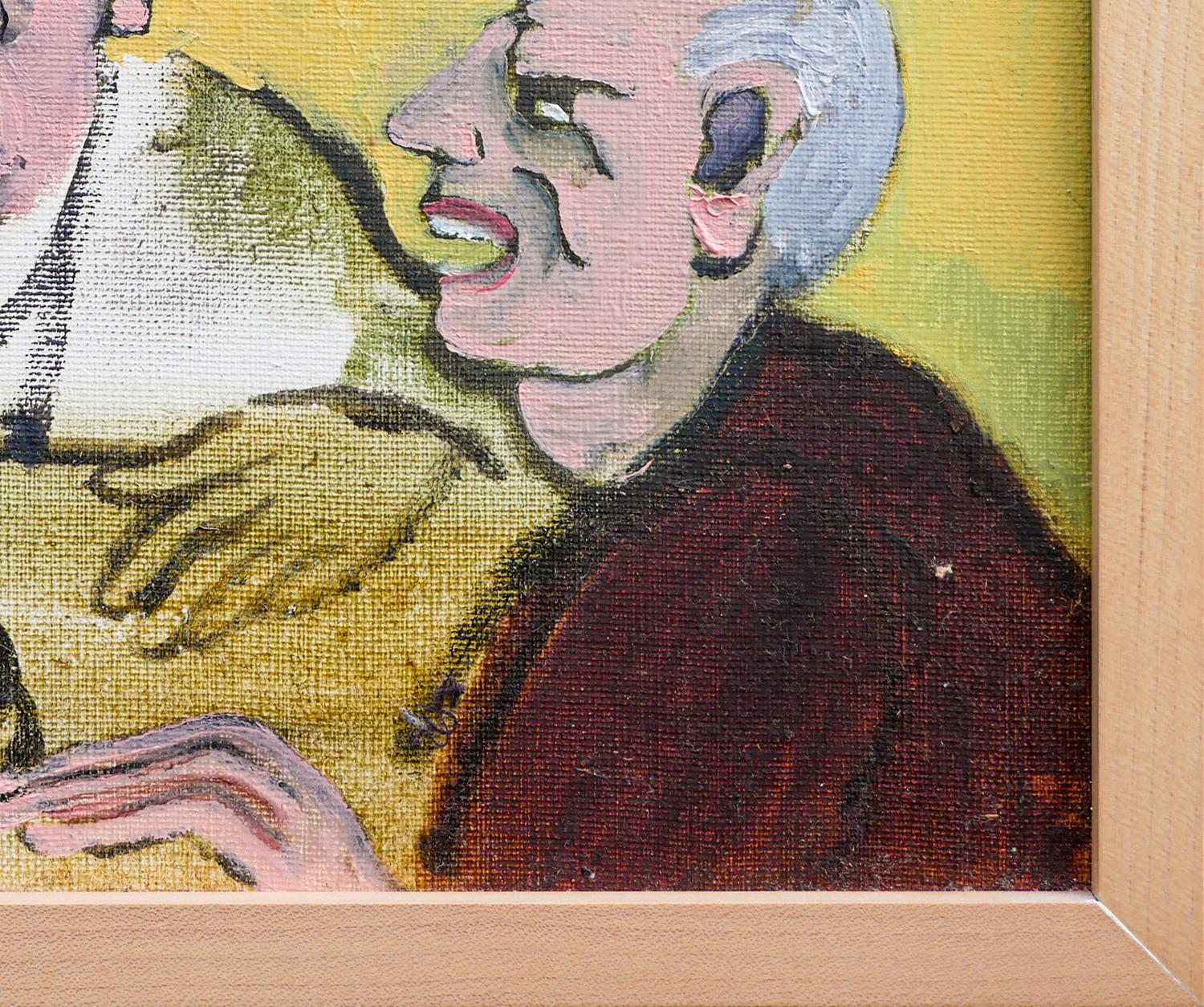 Peinture figurative abstraite aux tons jaunes représentant des hommes autour d'une table en vente 2