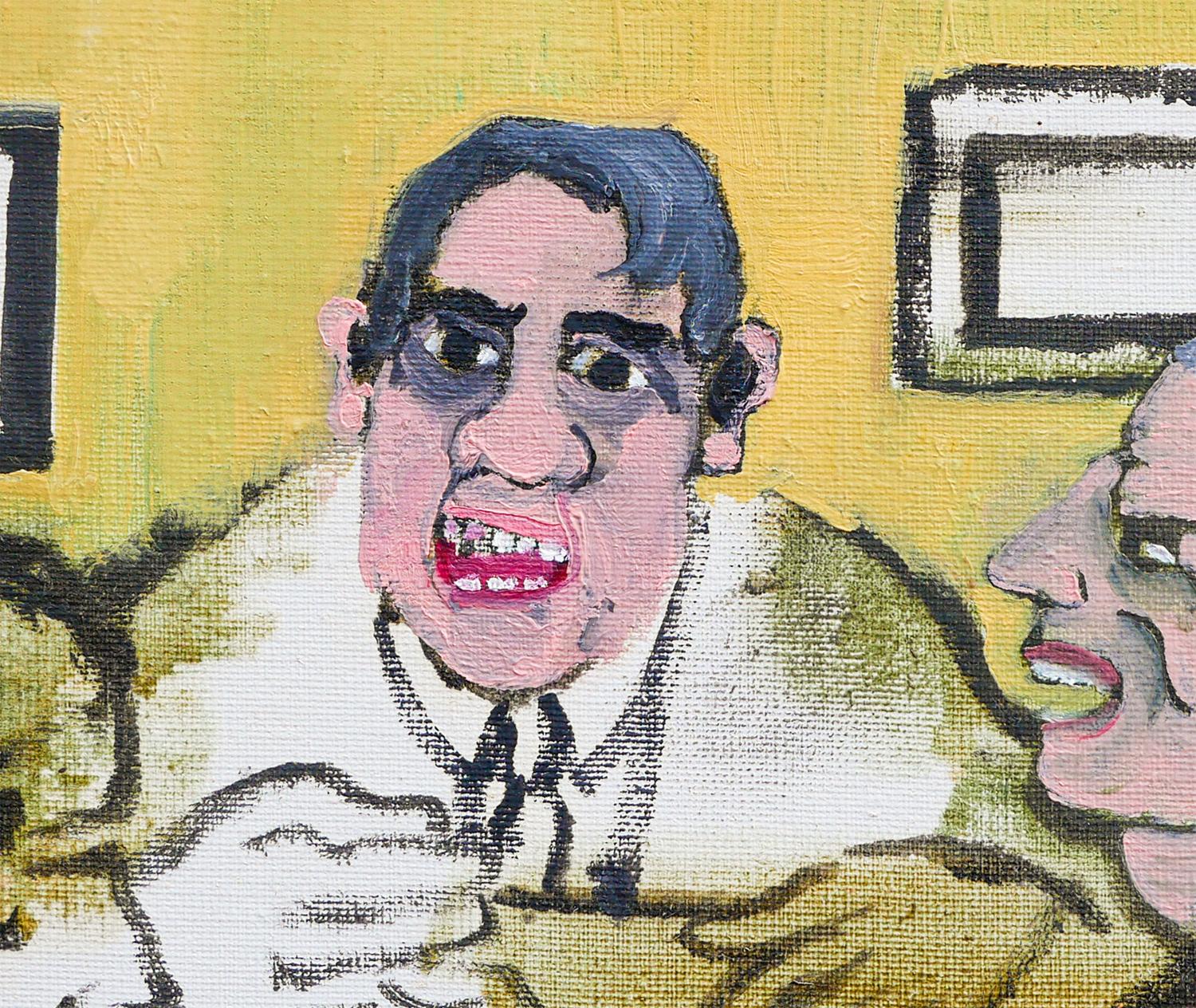 Peinture figurative abstraite aux tons jaunes représentant des hommes autour d'une table en vente 3