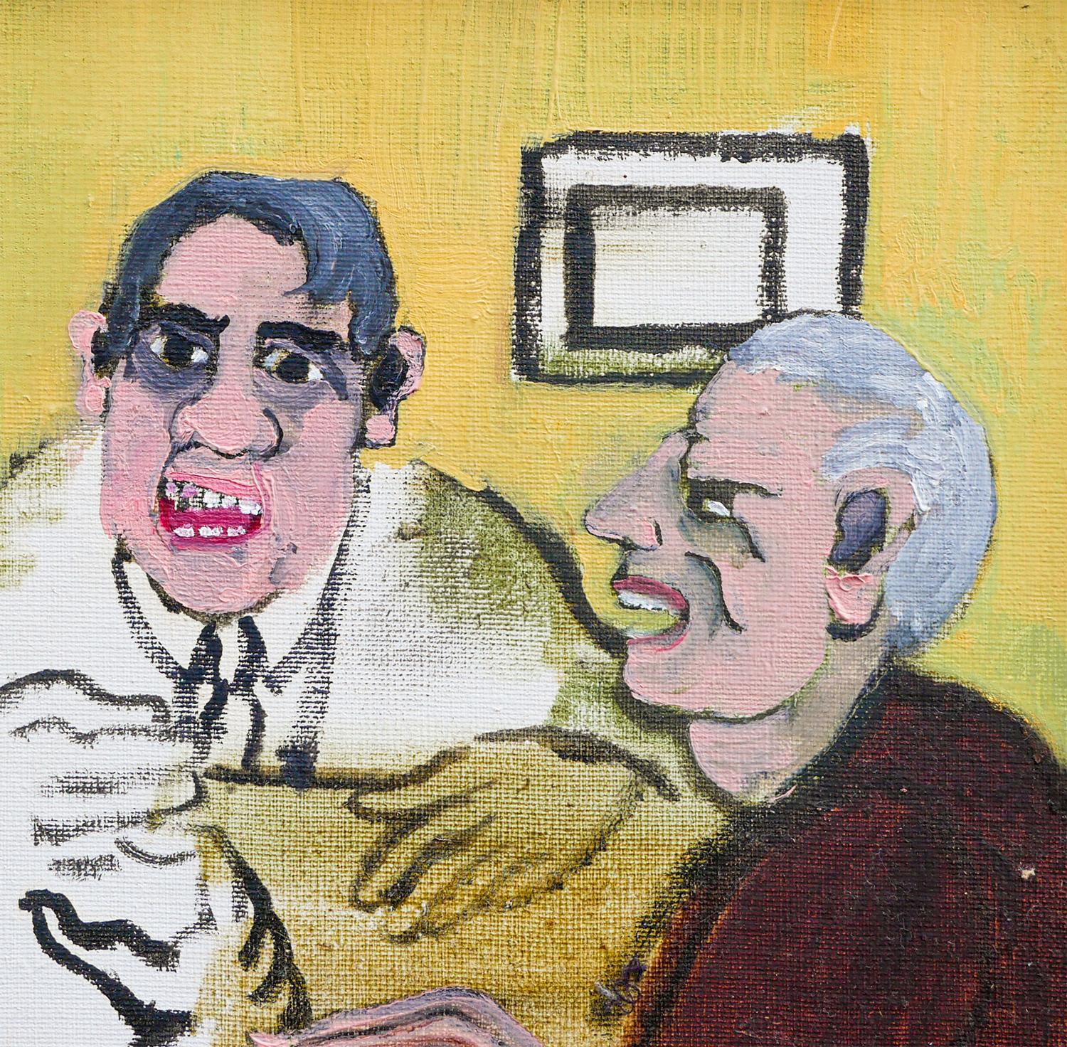 Gelbfarbenes abstraktes figuratives Gemälde von Männern um einen Tisch im Angebot 5