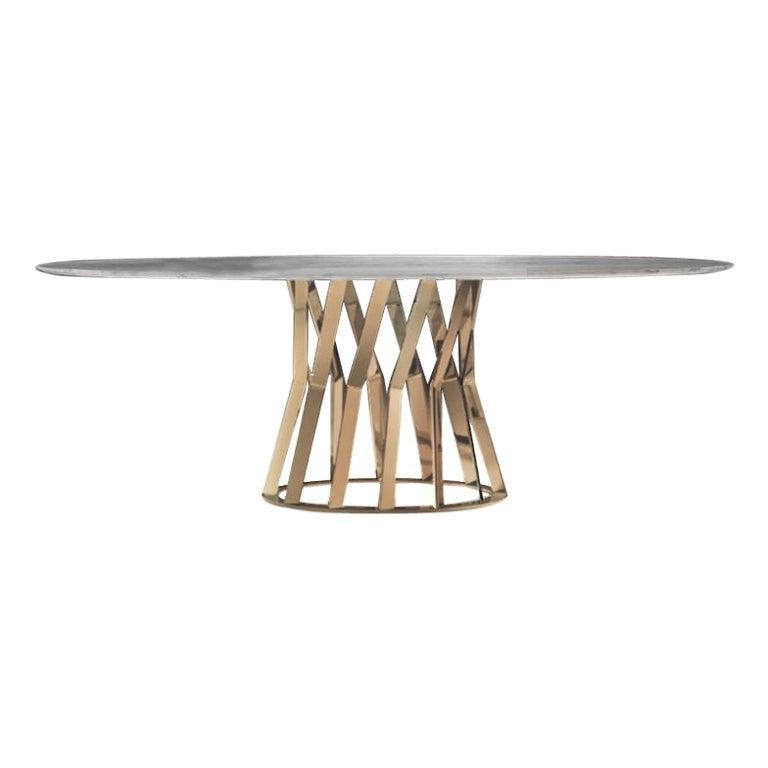 italien Table de salle à manger Ray avec plateau en marbre Calacatta Oro et base en métal doré de Zanaboni en vente