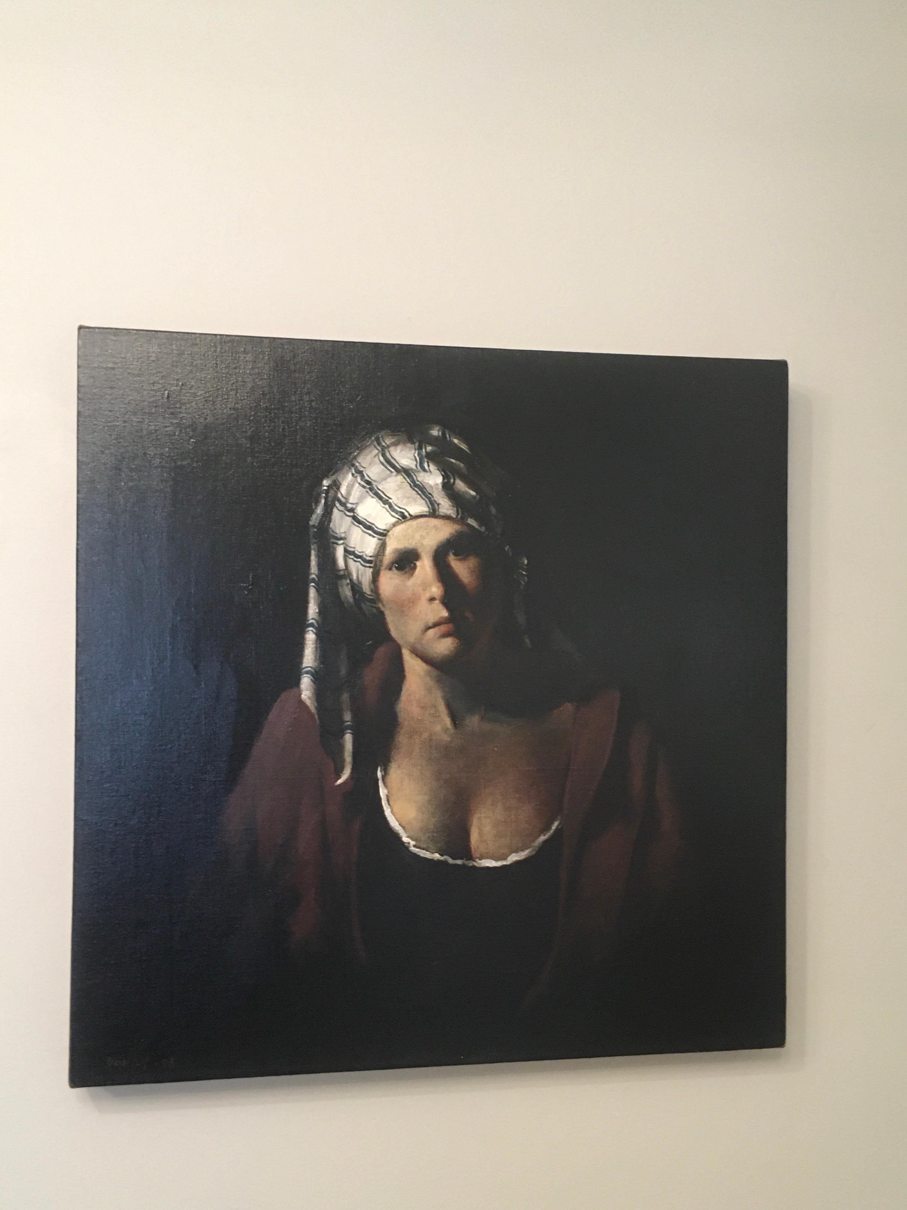 Striped Cap,  Baroque, Portrait, Figurative Art, Female, Oil, Painting, Timeless - Black Portrait Painting by Ray Donley