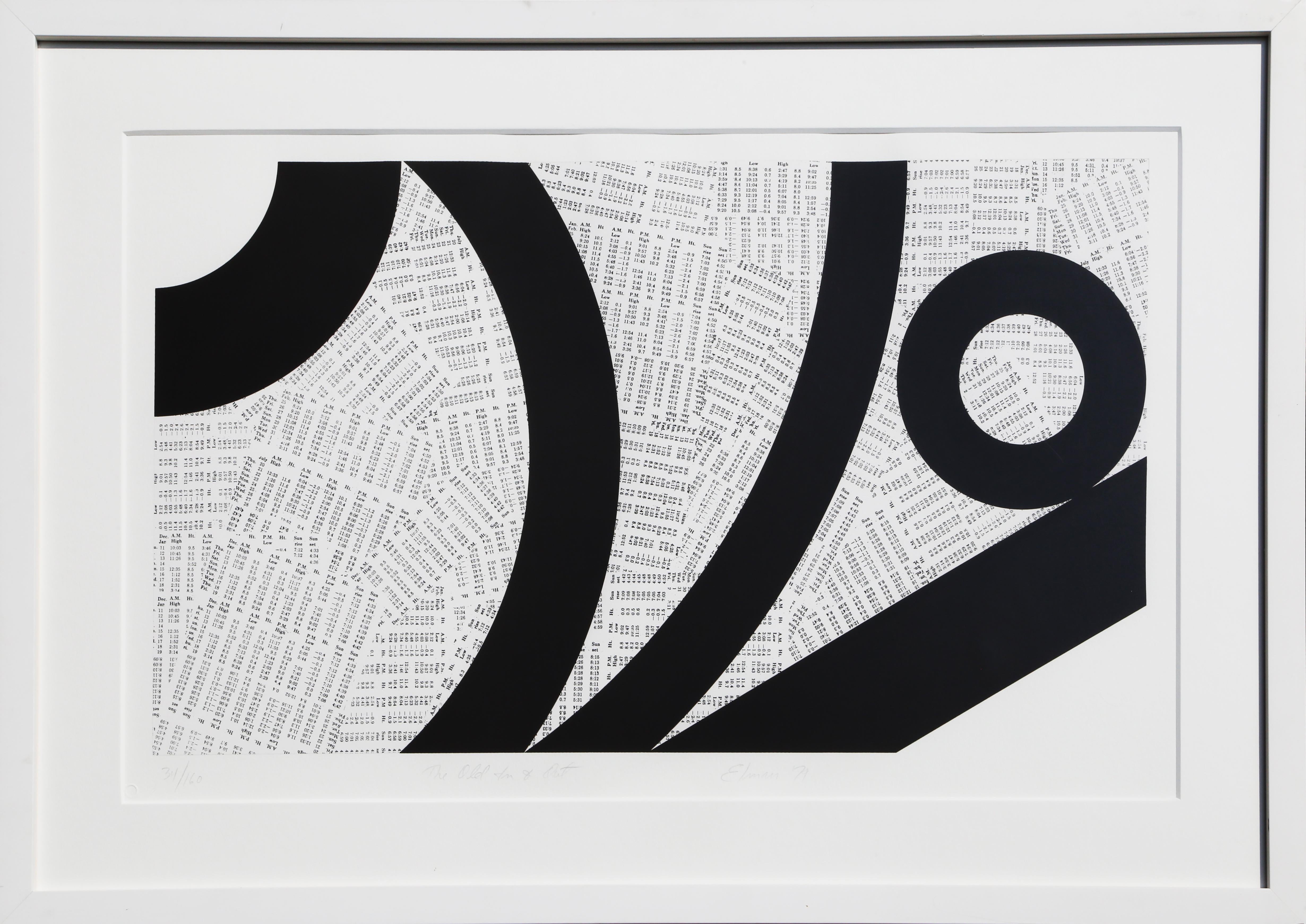Dans cette estampe abstraite de Ray Artistics, l'artiste crée une série de formes ondulatoires sur des cartes de marées textuelles pour une zone non divulguée. 

The Old in and Out
Ray Elman, Américain (1955)
Date : 1979
Sérigraphie, signée et