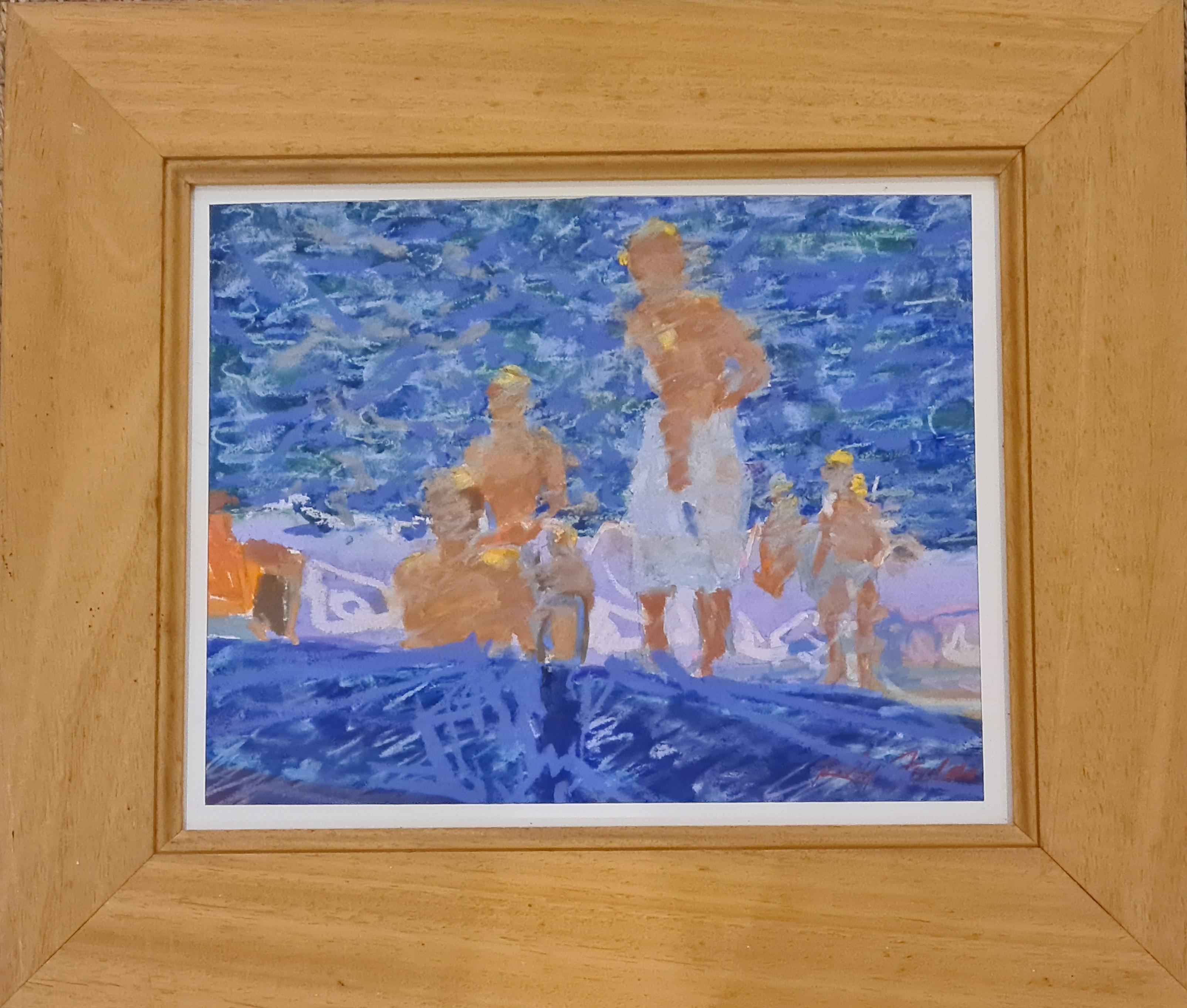 A late 20th Century acrylic and oil pastel on paper Impressionist view of a beach scene, Wales or possibly Cornwall, by Ray Fields, (Raymond Hedley Fields). Signed bottom right, titled and signed again to back panel. Exhibition label and label from