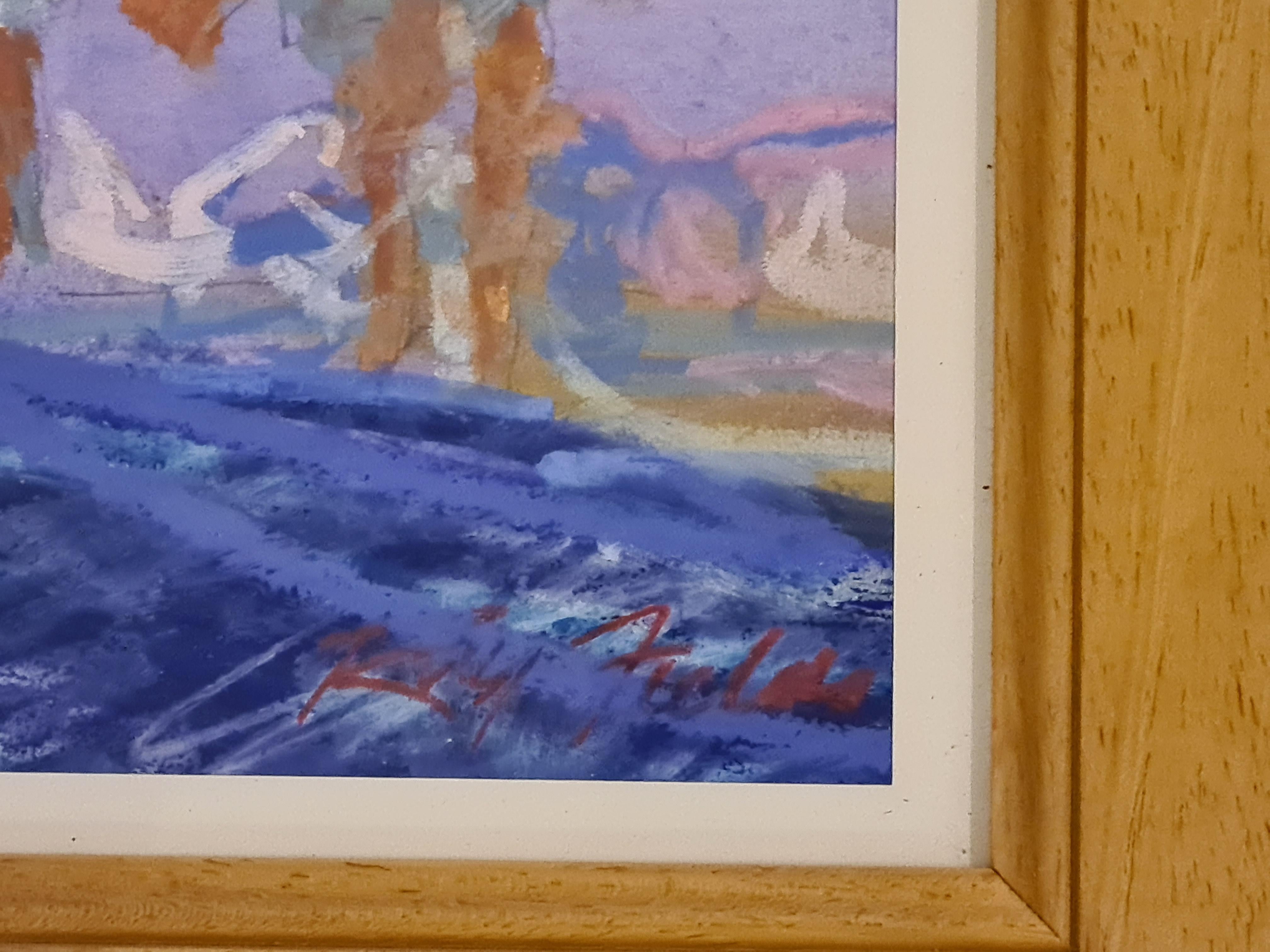 Una veduta impressionista di fine XX secolo in acrilico e pastello a olio su carta di una scena di spiaggia, in Wales o forse in Cornovaglia, di Ray Fields (Raymond Hedley Fields). Firmato in basso a destra, con titolo e firma sul pannello