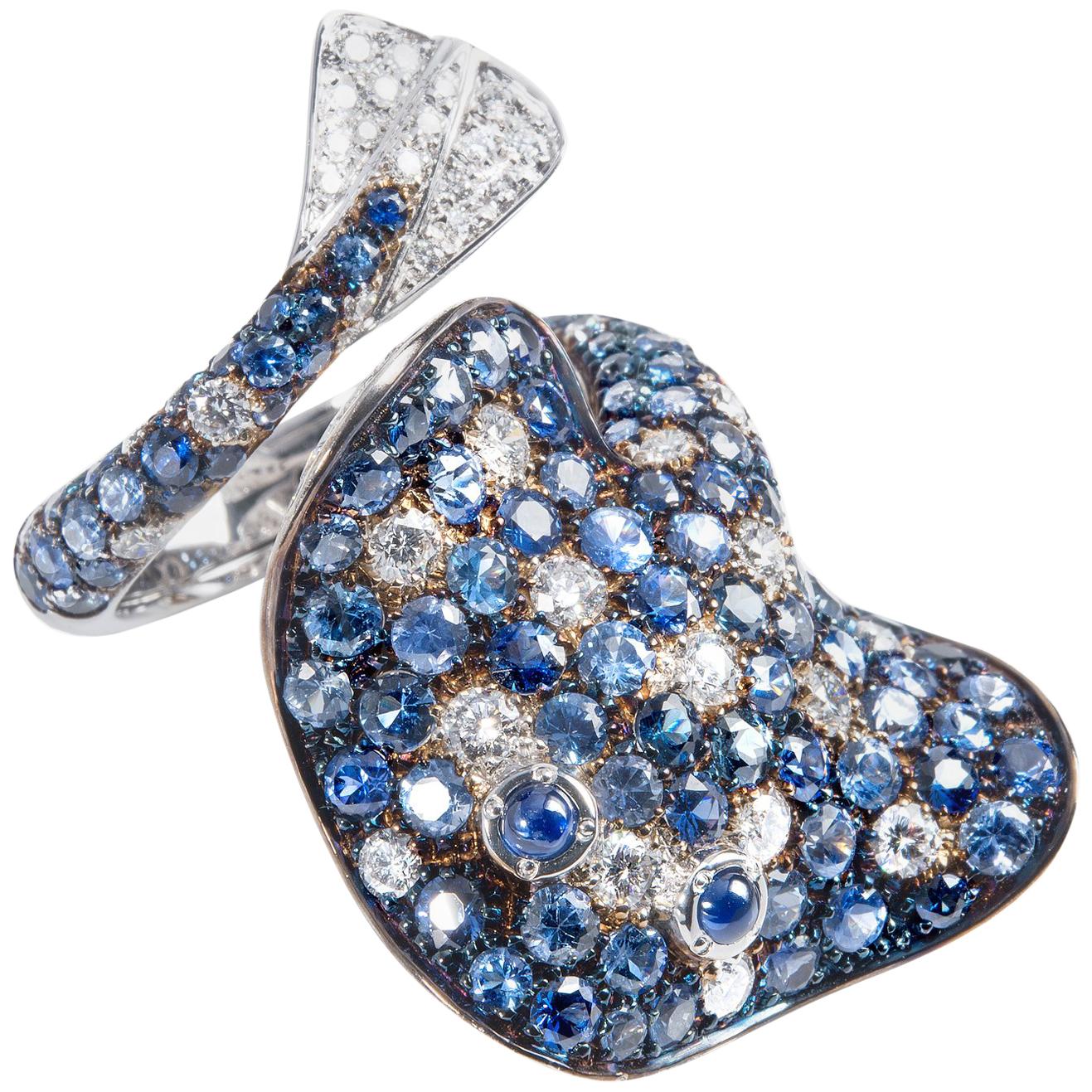 Ray Fish White Diamond Blue Sapphire 18 Karat Gold Ring Made in Italy Petronilla