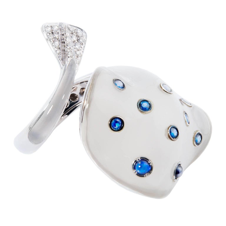 Ray Fish White Diamond Blue Sapphire Milky Quartz 18Kt Gold Ring Made ...