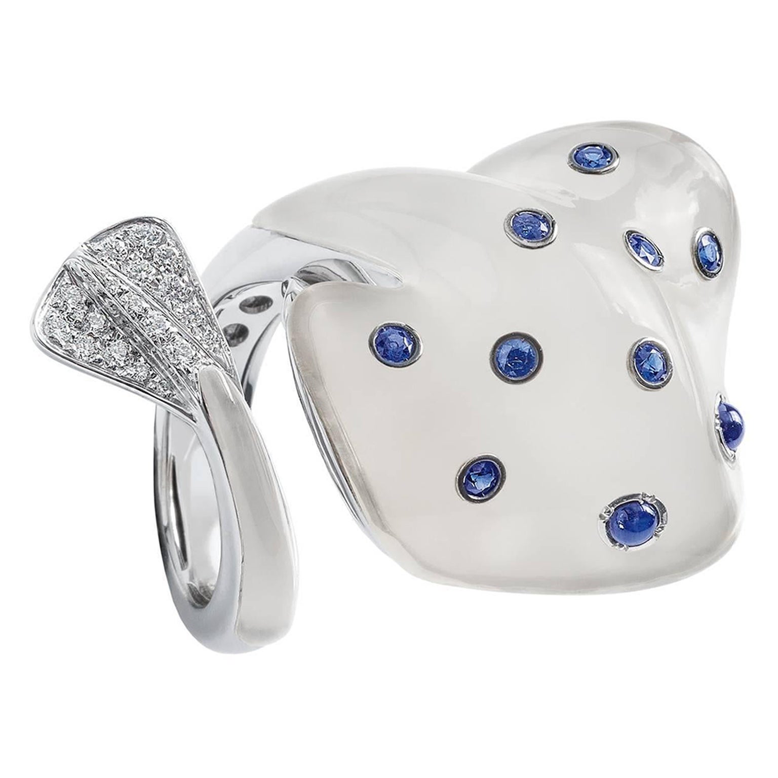 Ray Fish Diamante Blanco Zafiro Azul Cuarzo Lechoso Anillo de Oro de 18 Kt Hecho en Italia