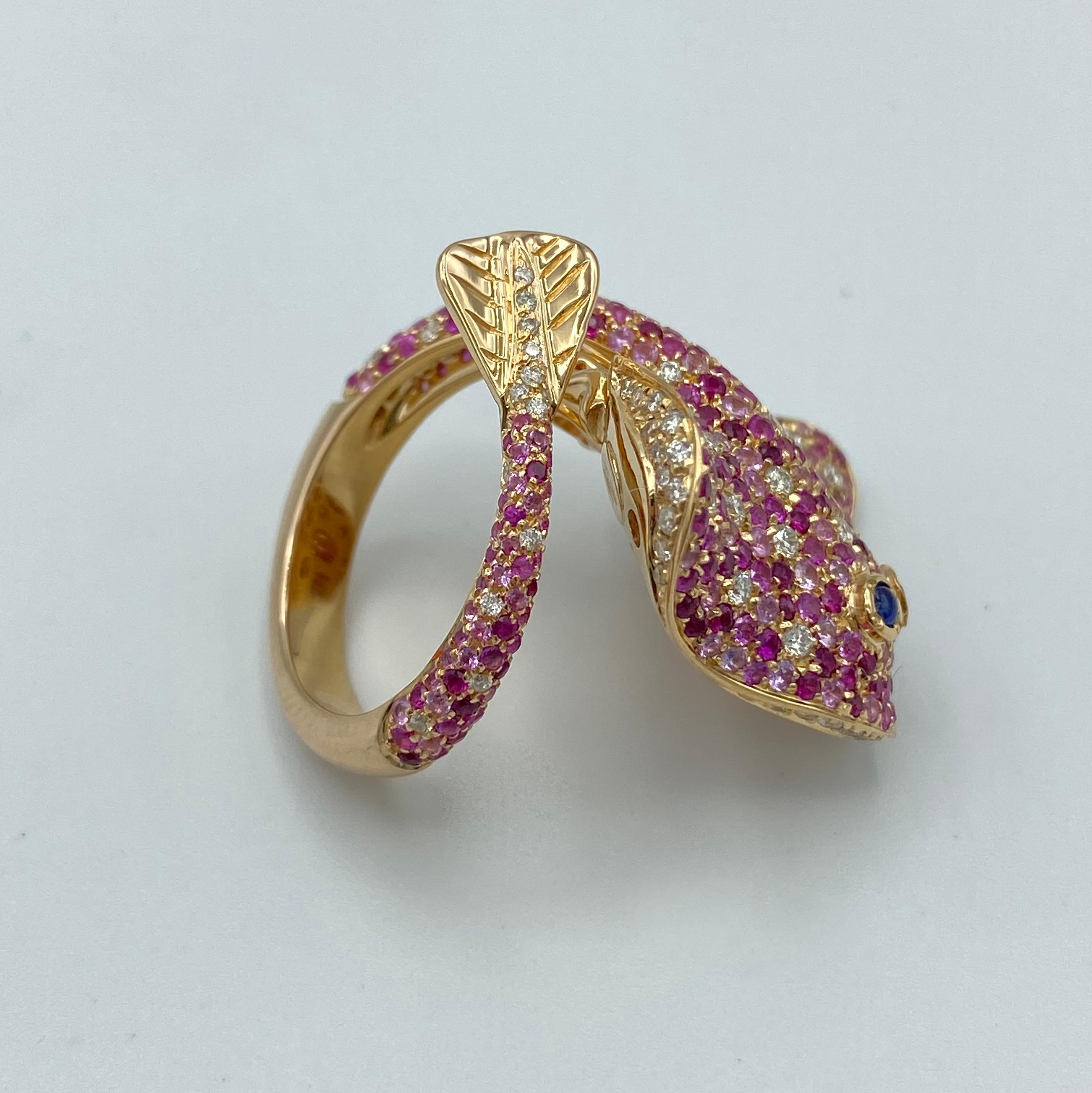 Ray Fish White Diamond Pink and Blue Sapphire Ruby 18 Kt Gold Ring Made in Italy 3
