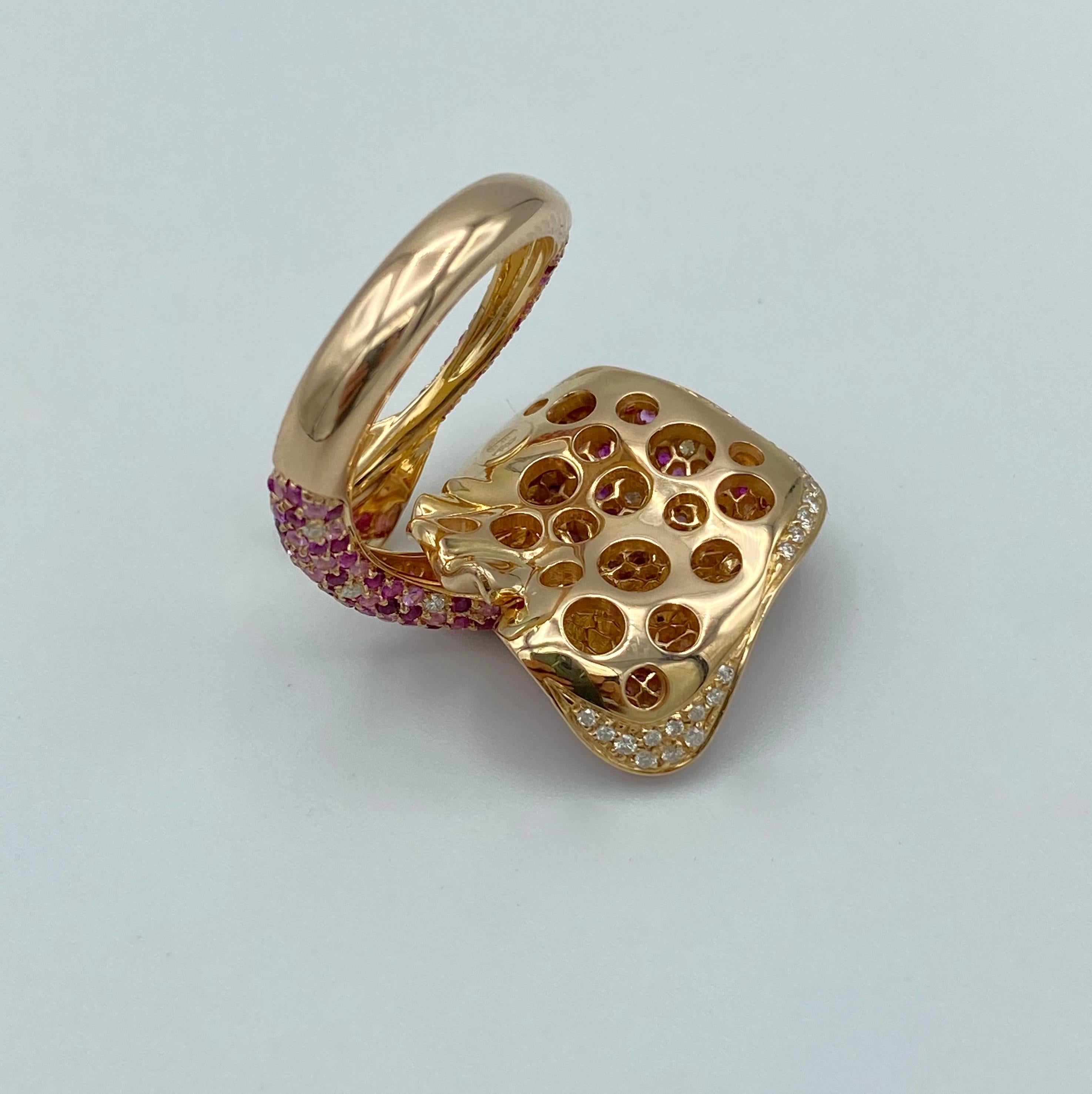 Ray Fish White Diamond Pink and Blue Sapphire Ruby 18 Kt Gold Ring Made in Italy 5