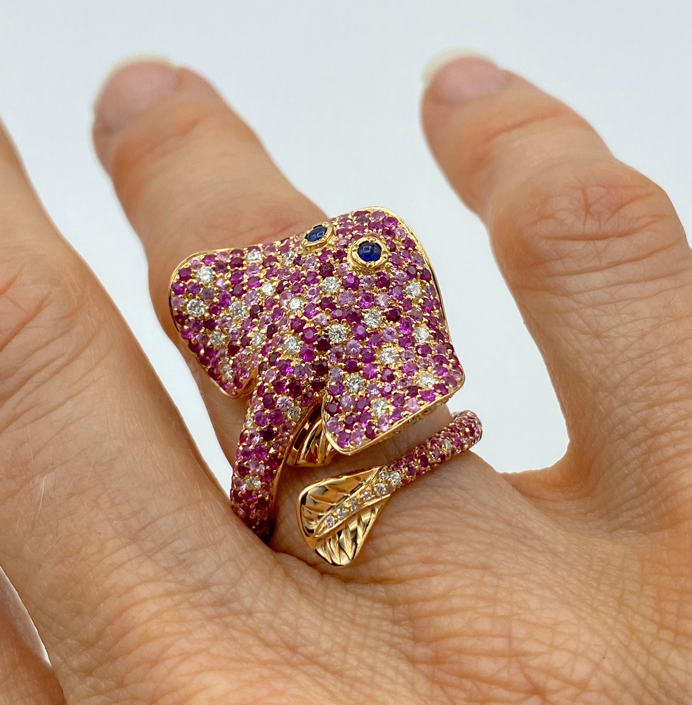 Ray Fish White Diamond Pink and Blue Sapphire Ruby 18 Kt Gold Ring Made in Italy 6