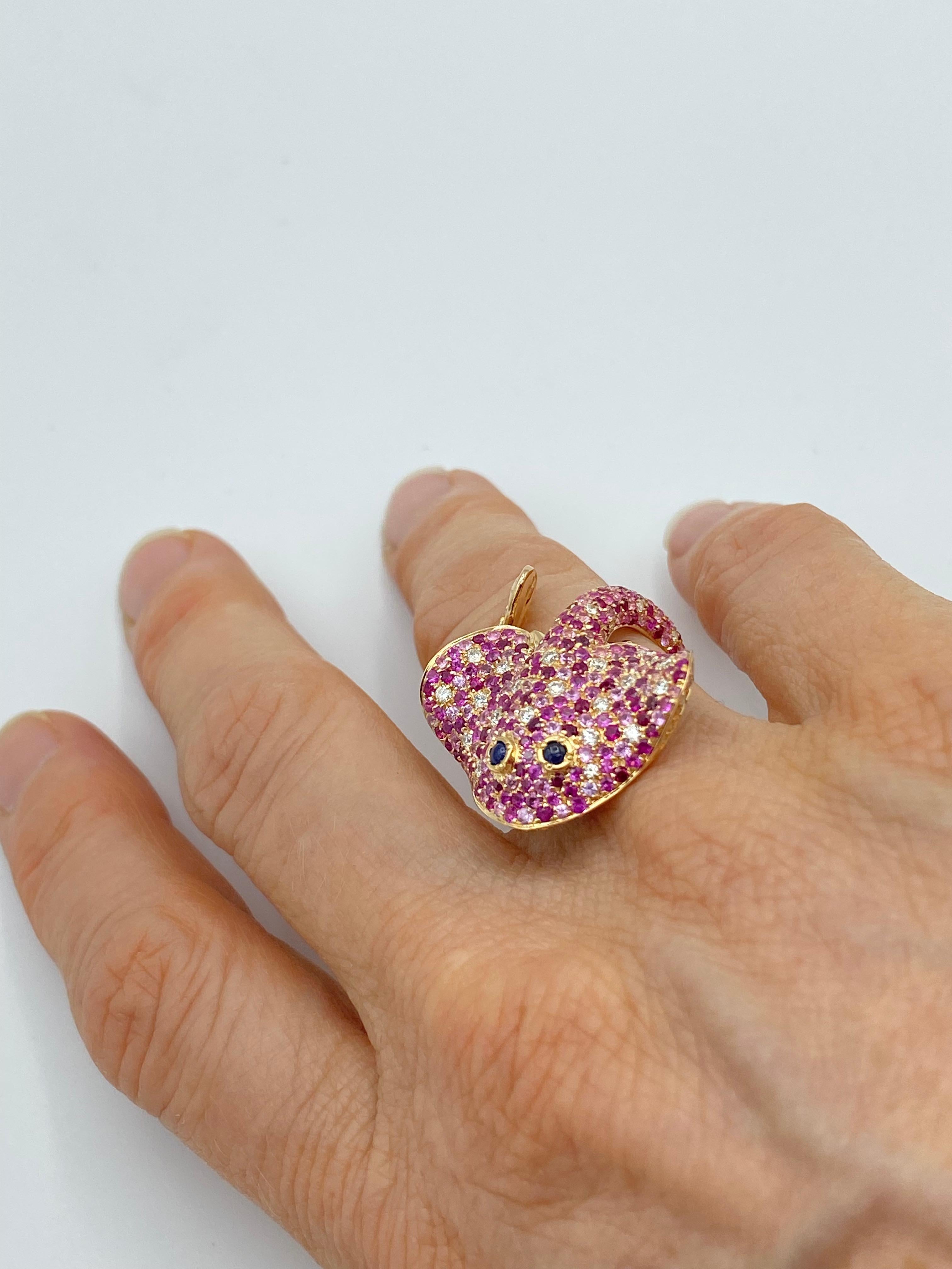 Ray Fish White Diamond Pink and Blue Sapphire Ruby 18 Kt Gold Ring Made in Italy 7