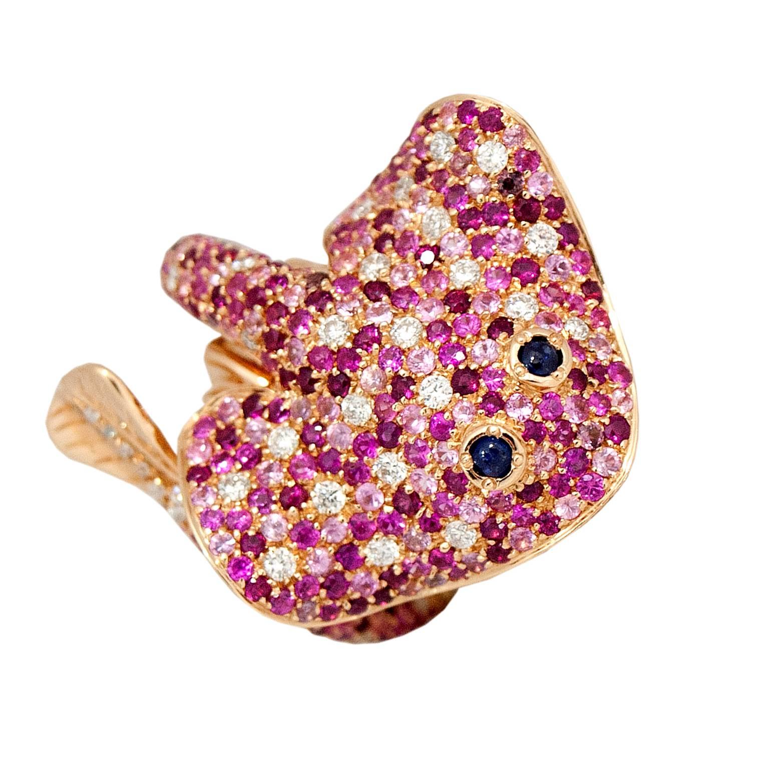 Round Cut Ray Fish White Diamond Pink and Blue Sapphire Ruby 18 Kt Gold Ring Made in Italy