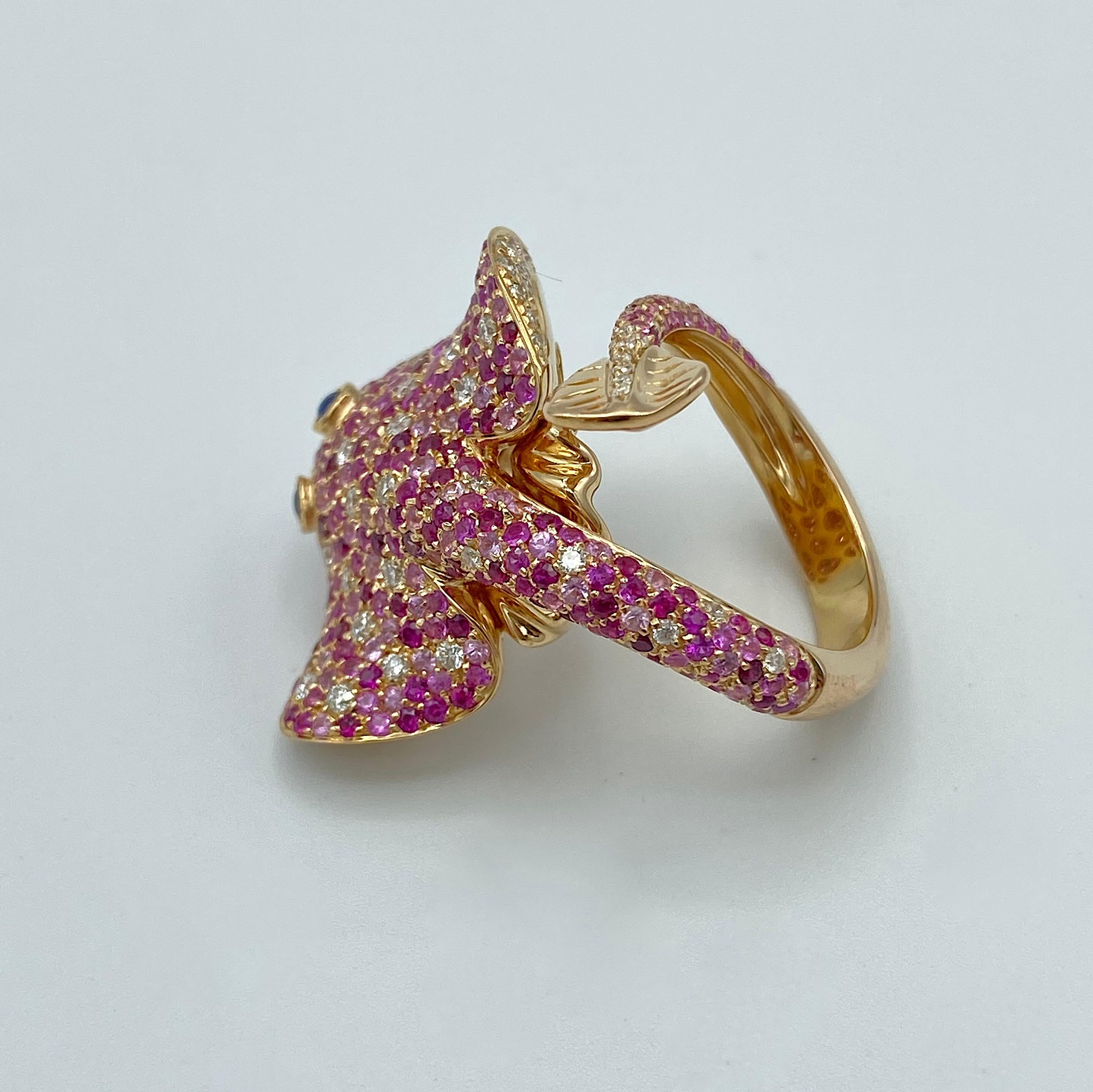 Contemporary Ray Fish White Diamond Pink and Blue Sapphire Ruby 18 Kt Gold Ring Made in Italy