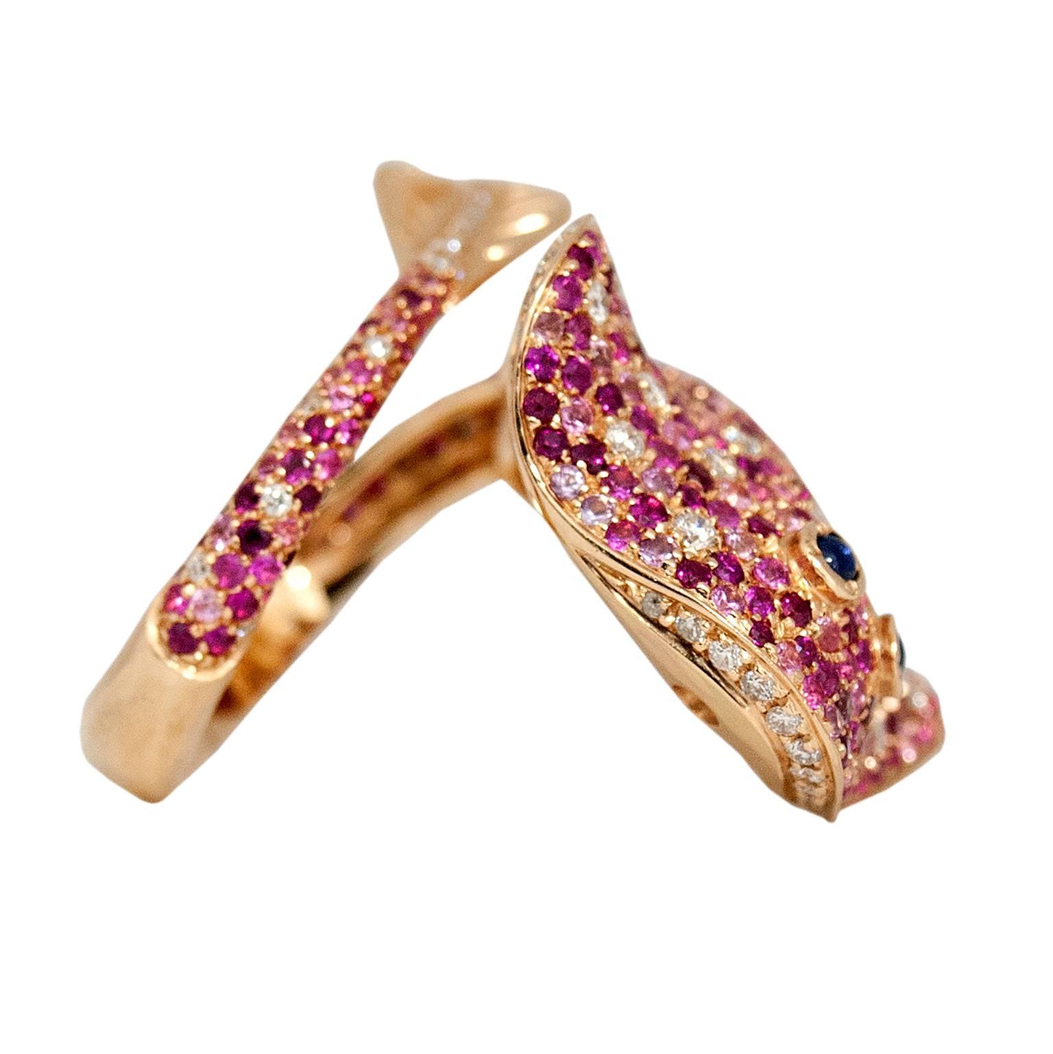 Ray Fish White Diamond Pink and Blue Sapphire Ruby 18 Kt Gold Ring Made in Italy In New Condition In Bussolengo, Verona
