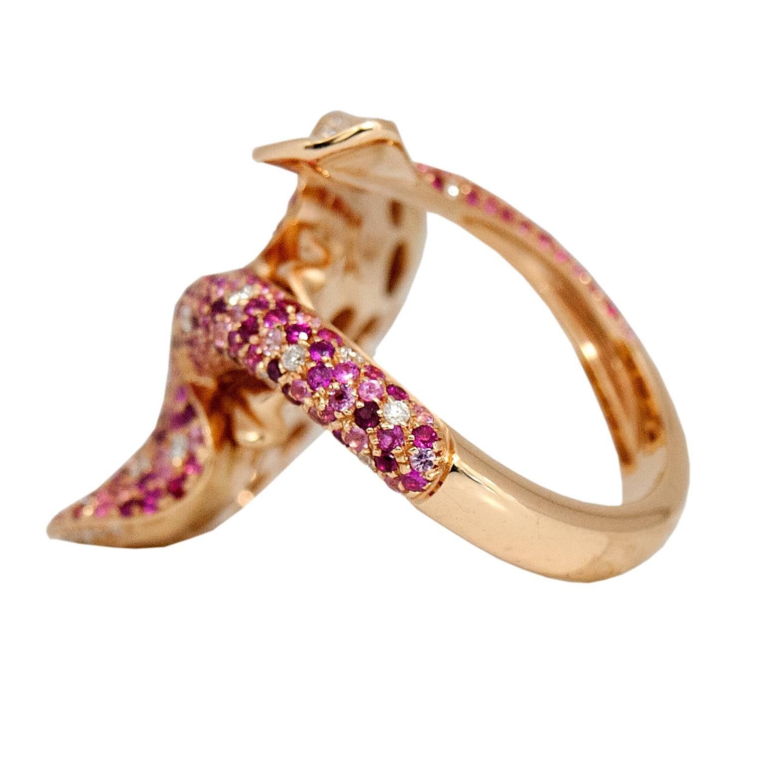 Women's Ray Fish White Diamond Pink and Blue Sapphire Ruby 18 Kt Gold Ring Made in Italy