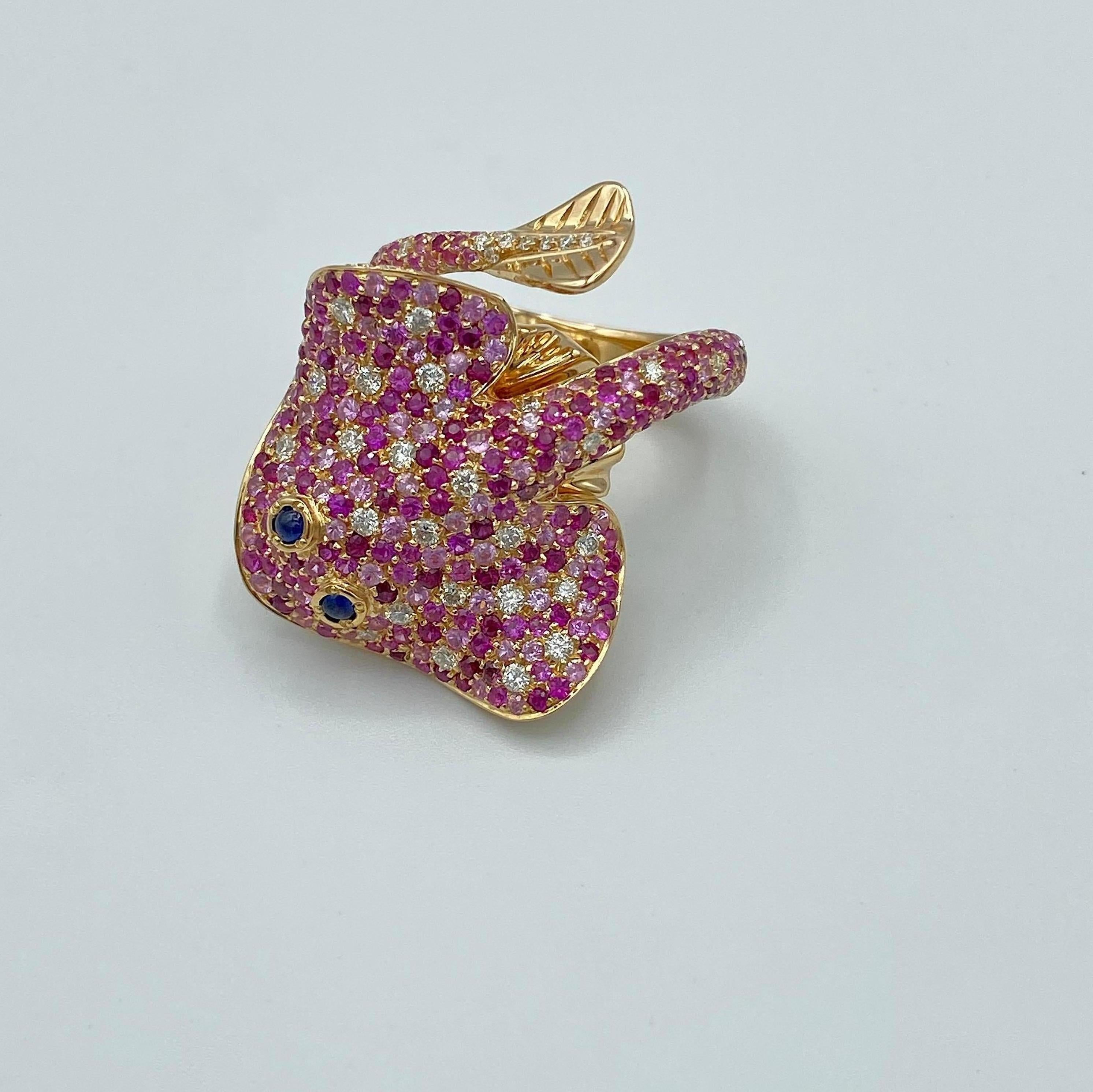 Ray Fish White Diamond Pink and Blue Sapphire Ruby 18 Kt Gold Ring Made in Italy 2