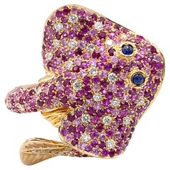 Ray Fish White Diamond Pink and Blue Sapphire Ruby 18 Kt Gold Ring Made in Italy