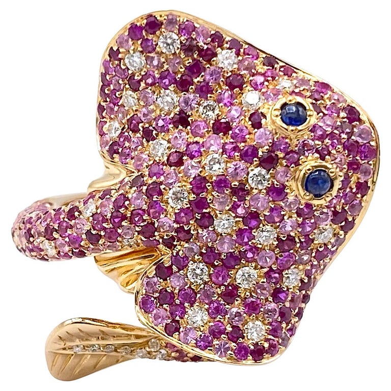 Ray Fish White Diamond Pink and Blue Sapphire Ruby 18 Kt Gold Ring Made ...