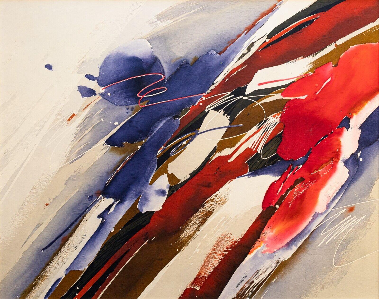 A dynamic watercolor painting on board by Michigan based artist and gallerist Ray Frost Fleming. A fantastic abstract piece that boasts beautiful blues, and ravishing reds. Original gallery tag on verso from Robert Kidd Gallery. Dimensions: 52.5 in