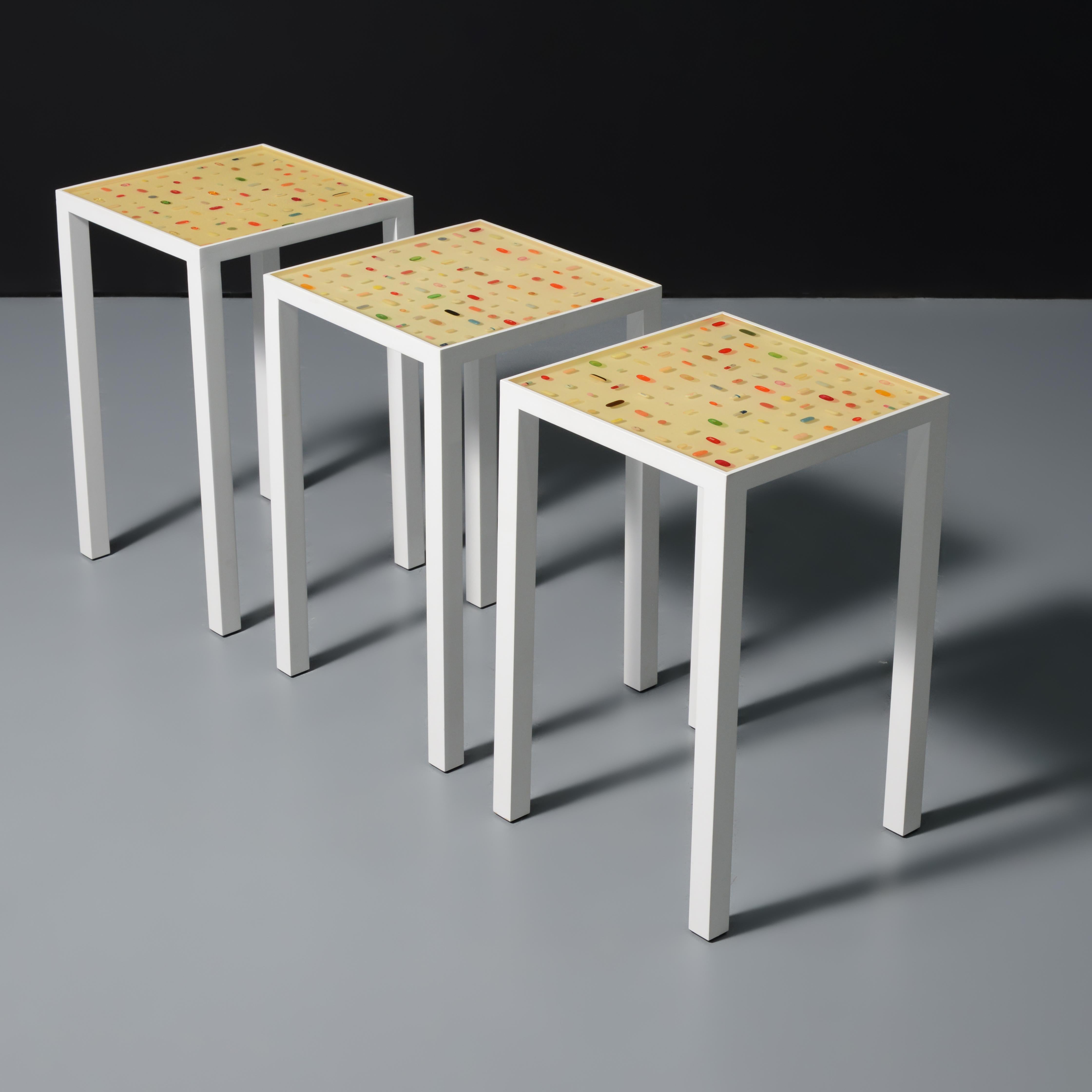 Artist/Designer; Manufacturer: Ray Geary (American, b. 1983)
Marking(s); notes: no marking(s) apparent
Materials: enameled metal, resin, pills
Dimensions (H, W, D): 22