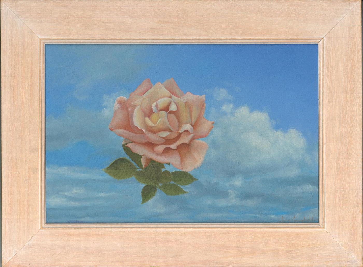 A vibrant oil painting by Scottish artist Ray Greenfield, depicting a "floating" pink rose on a blue sky background. Signed to the lower right-hand corner. The title is inscribed on the reverse. Well-presented in a light wooden frame. On canvas