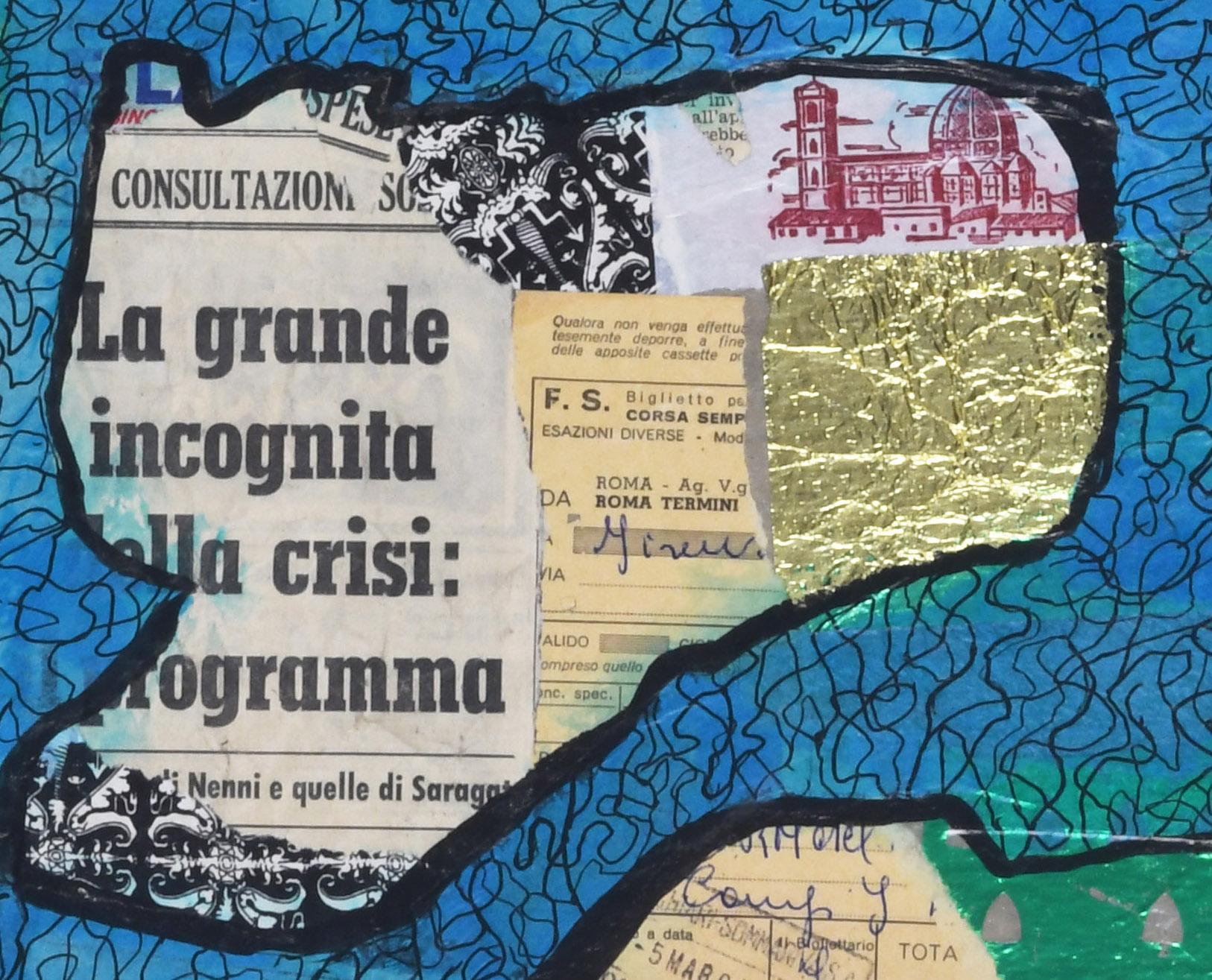 La grande incognita (The great unknown)
Collage elements with paint, paint and paper foil, 1964
1964
Created while the artist was studying at the Accademia d'Arte, Florence
Signed and dated bottom center edge (see photo)
Provenance: Estate of the