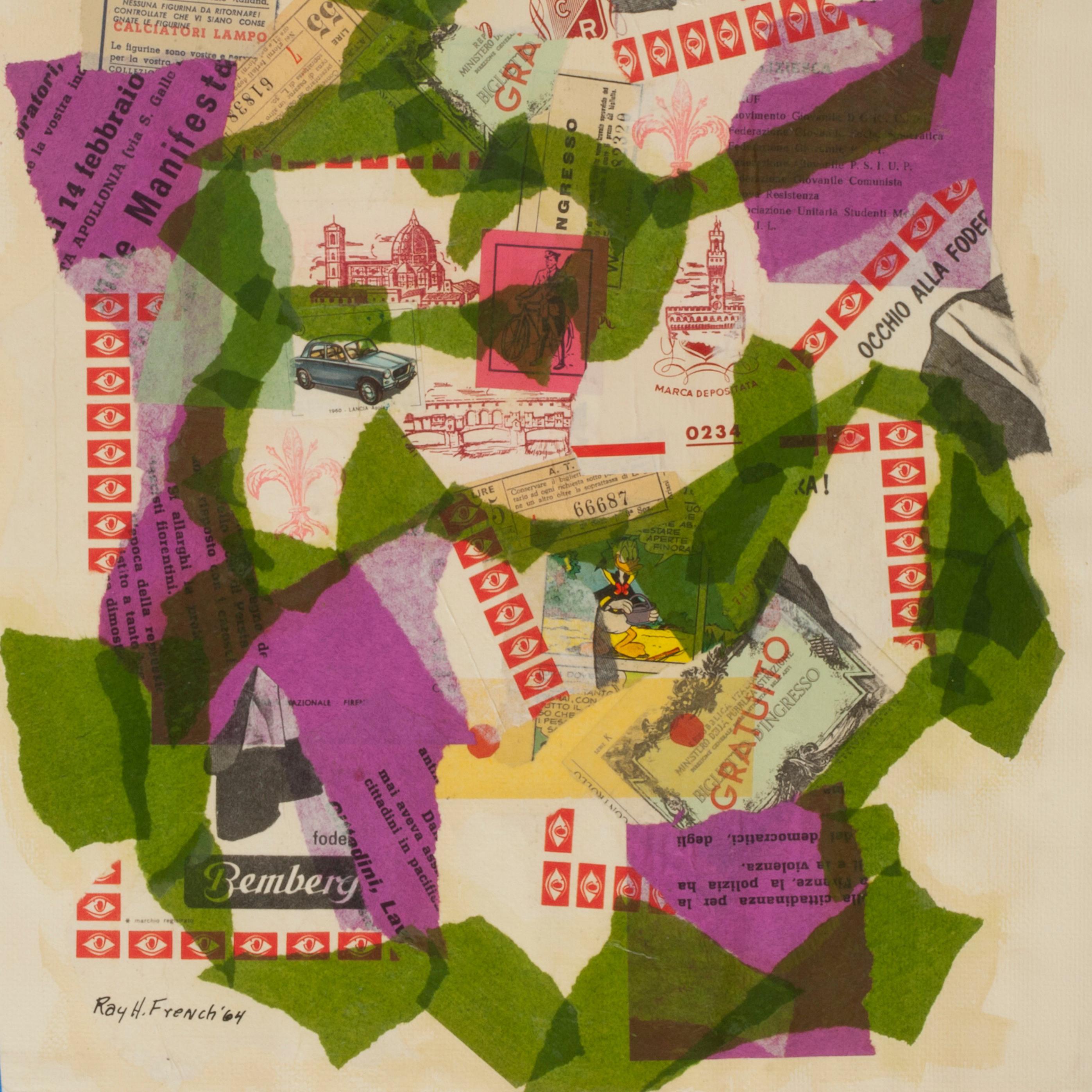 Signed and dated lower left

Created in 1964 while the artist was living in Florence, Italy

Collage with tissue paper and printed images and text

From the Estate of the Artist