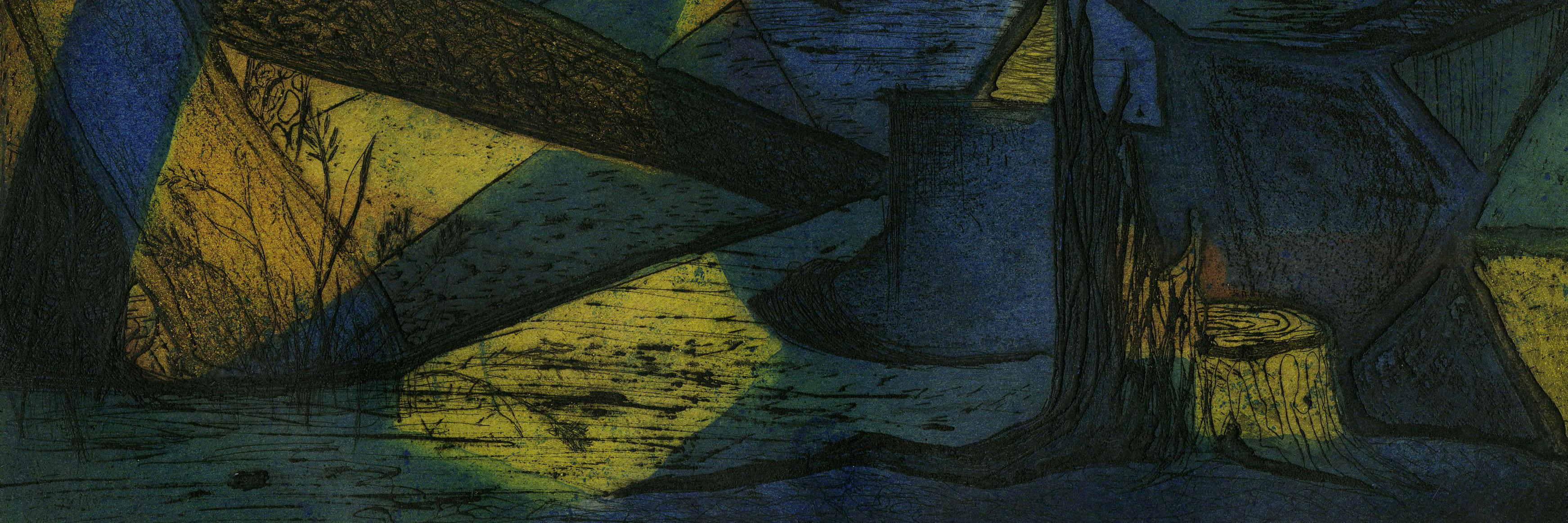 Debris
Etching, engraving and color aquatint, 1947
Signed, dated, titled and number
Edition: 25 (1/25), never fully realized
Created in the artist's first year studying at the University of Iowa.  He earned his BFA degree in 1947 and his MFA degree