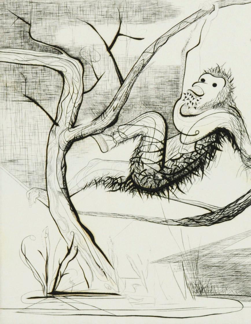 Seltsame Tiere
Kupferstich, 1949
Signiert, datiert und betitelt mit Bleistift vom Künstler
Die Komposition entstand an der Universität von Iowa, als der Künstler im berühmten MFA-Programm bei Mauricio Lasansky (1914-2012) eingeschrieben war. 
French