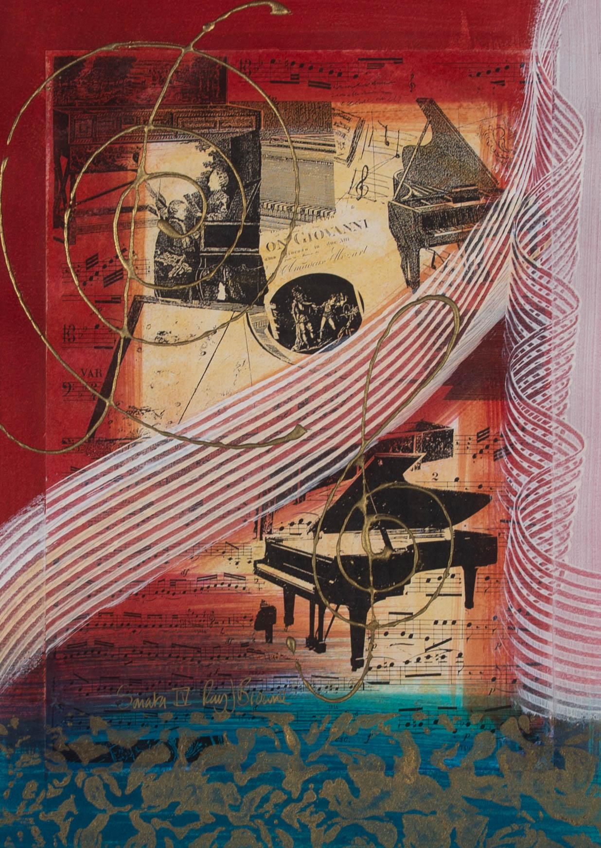 A dynamic mixed media piece inspired by classical music. The artist has used sweeping directional areas of paint over collage to create a vibrant, aesthetically pleasing piece. The artwork has been signed and inscribed at the lower edge and