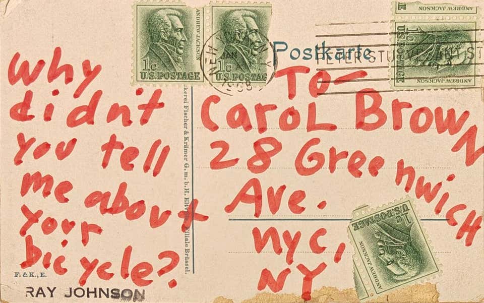 "Why Didn't You Tell Me About Your Bicycle" Ray Johnson, Drawing, Mail Art