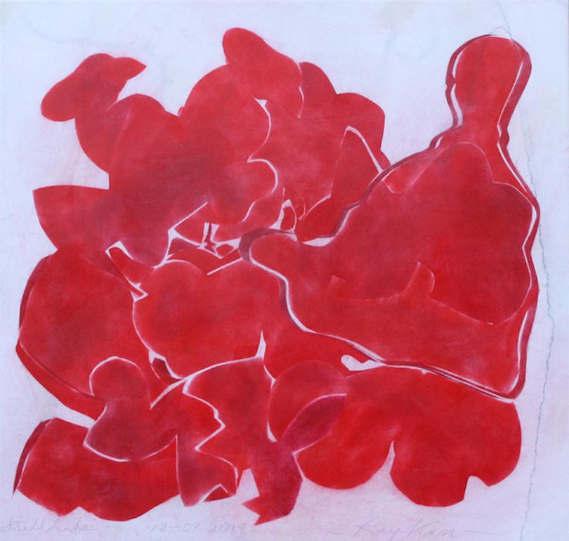 Still Life 12-9-19, red gestural abstract mixed media painting, 2019
