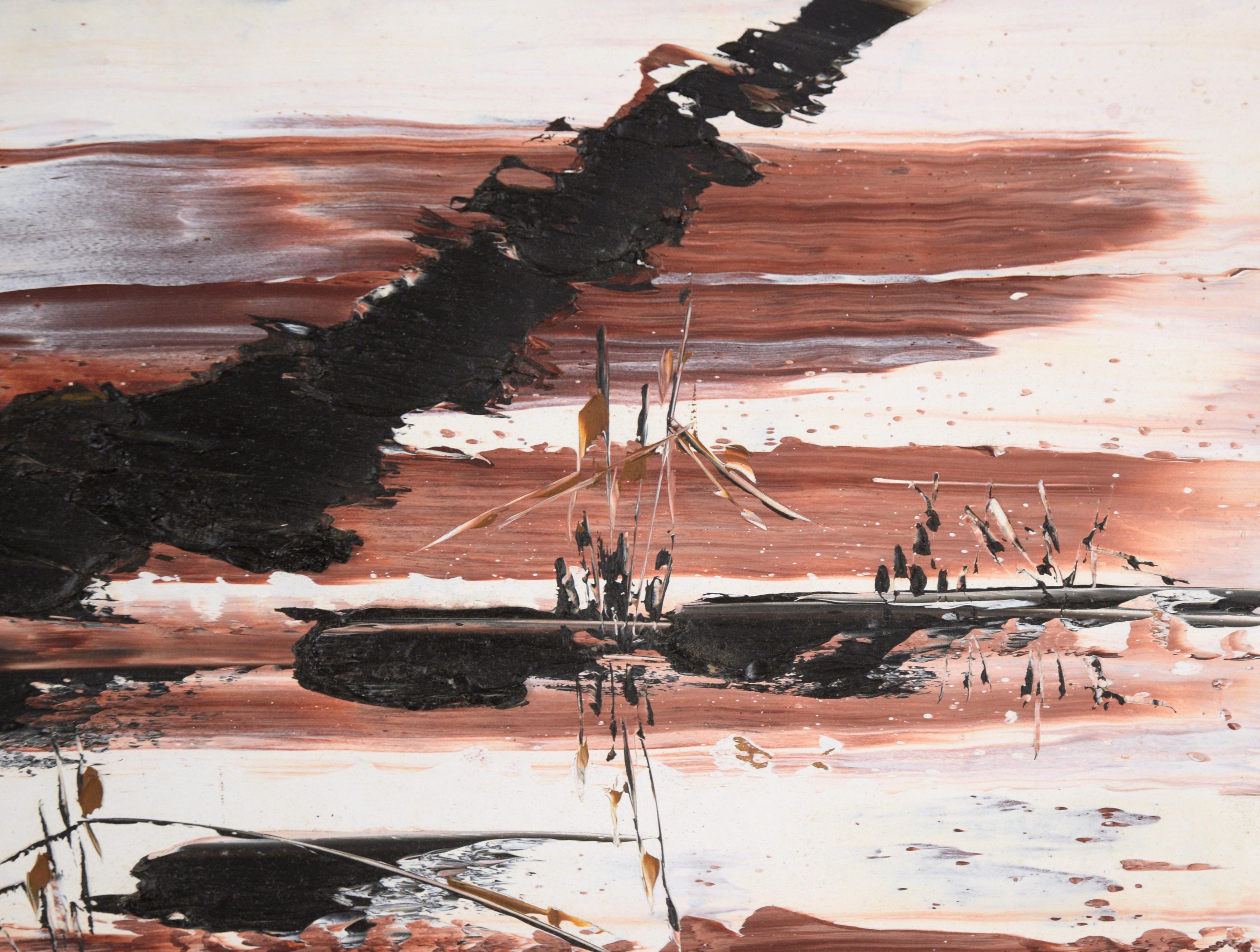 Paysage abstrait mi-siècle moderne à l'huile sur massonite

Paysage abstrait audacieux de Ray Oakvick (américain, 1917-1993). Des traînées de brun rougeâtre et de blanc créent un paysage abstrait. Oakvick a utilisé un couteau à palette pour couper