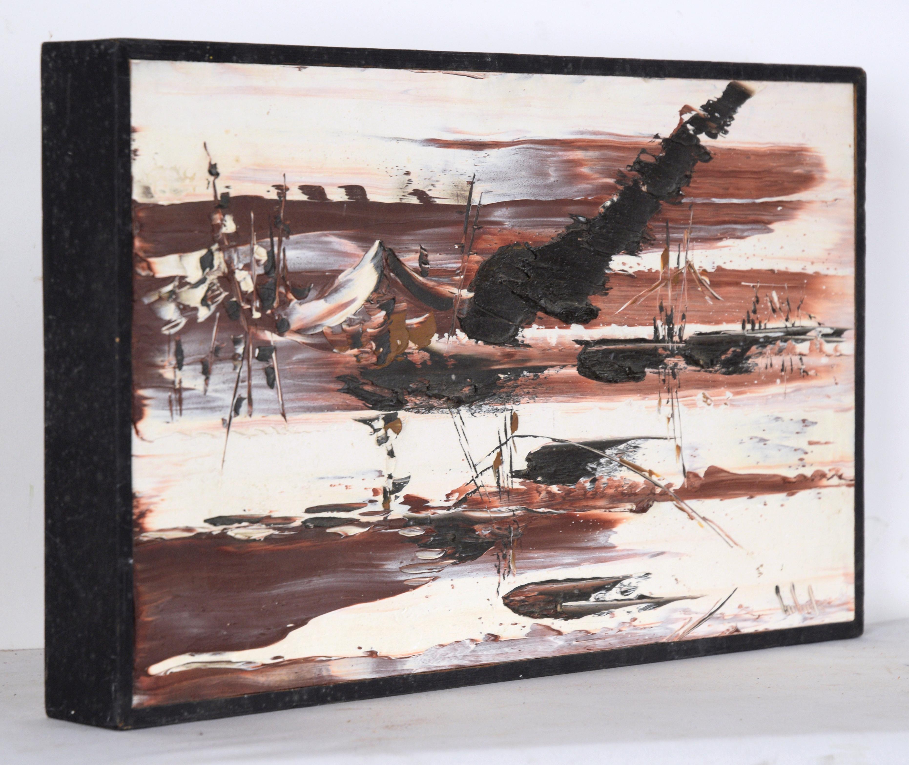 Paysage abstrait mi-siècle moderne à l'huile sur massonite en vente 3