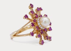 Ray of Rubies 18k Ring, Certified Natural Pearl Surrounded by Round Rubies