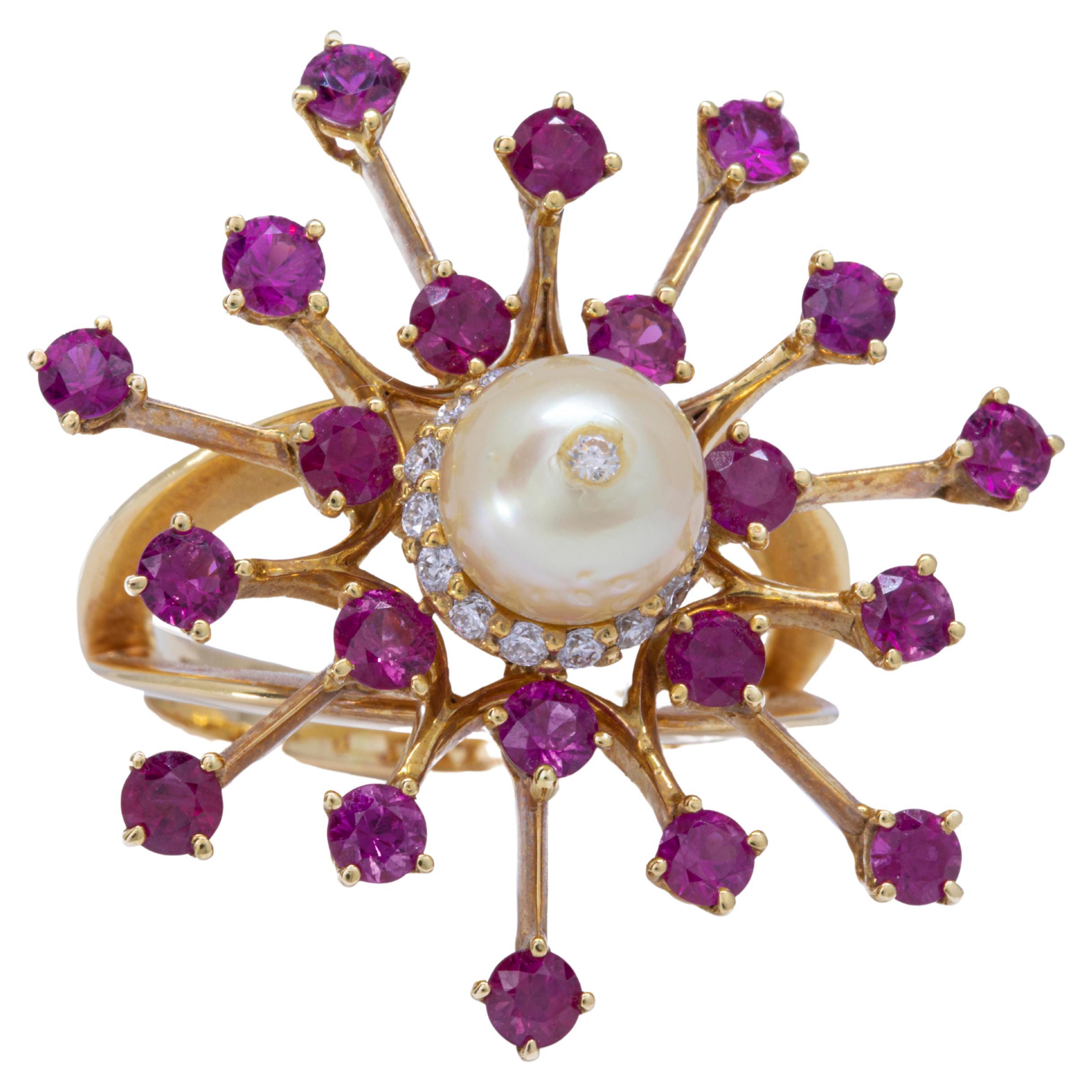 Ray of Rubies 18k Ring, Certified Natural Pearl Surrounded by Round Rubies For Sale