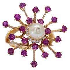 Ray of Rubies 18k Ring, Certified Natural Pearl Surrounded by Round Rubies