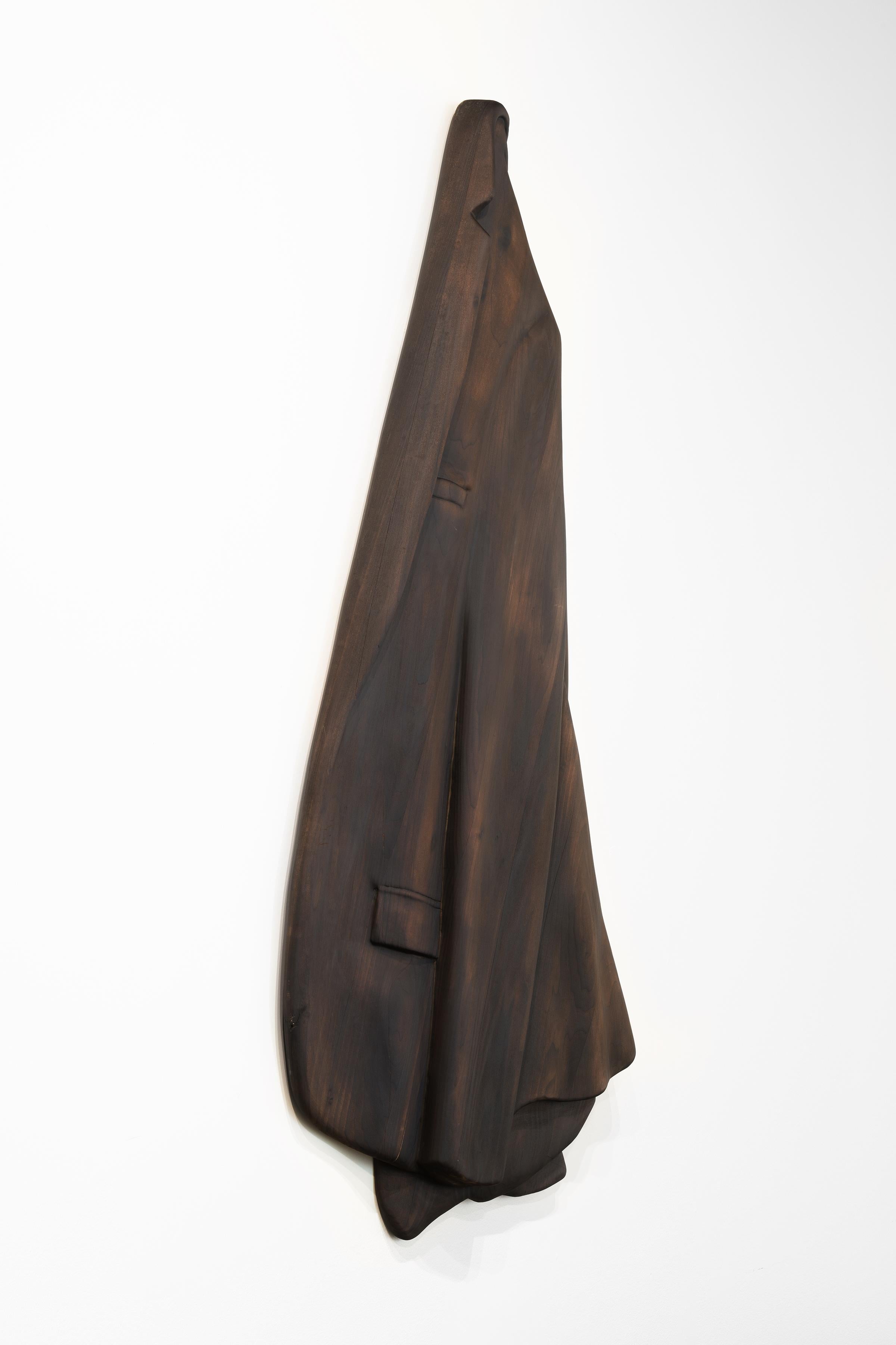 SUIT JACKET - stained wooden hanging sculpture, brown, carved wood - Sculpture by Ray Padron