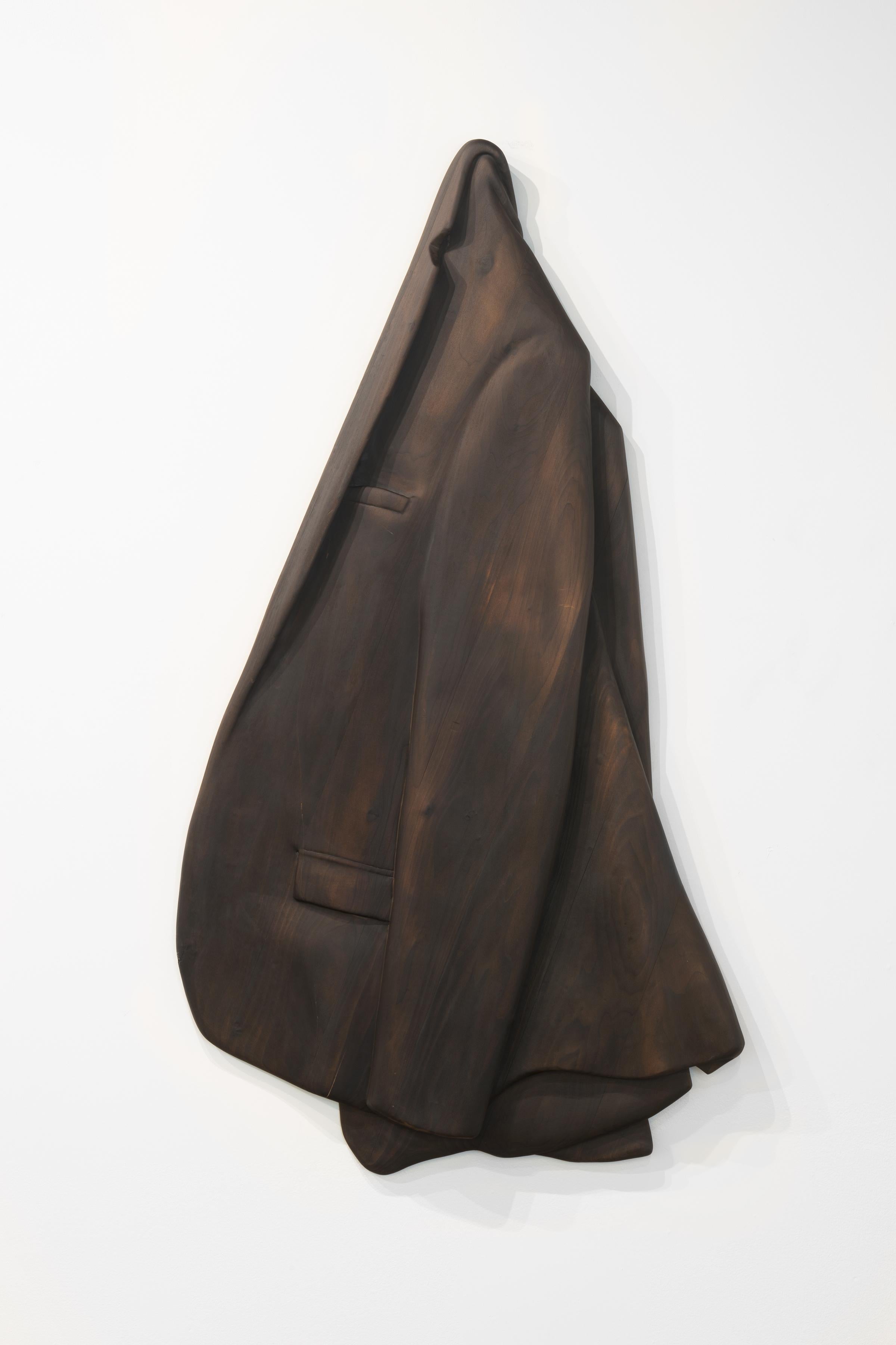 Ray Padron Figurative Sculpture - SUIT JACKET - stained wooden hanging sculpture, brown, carved wood