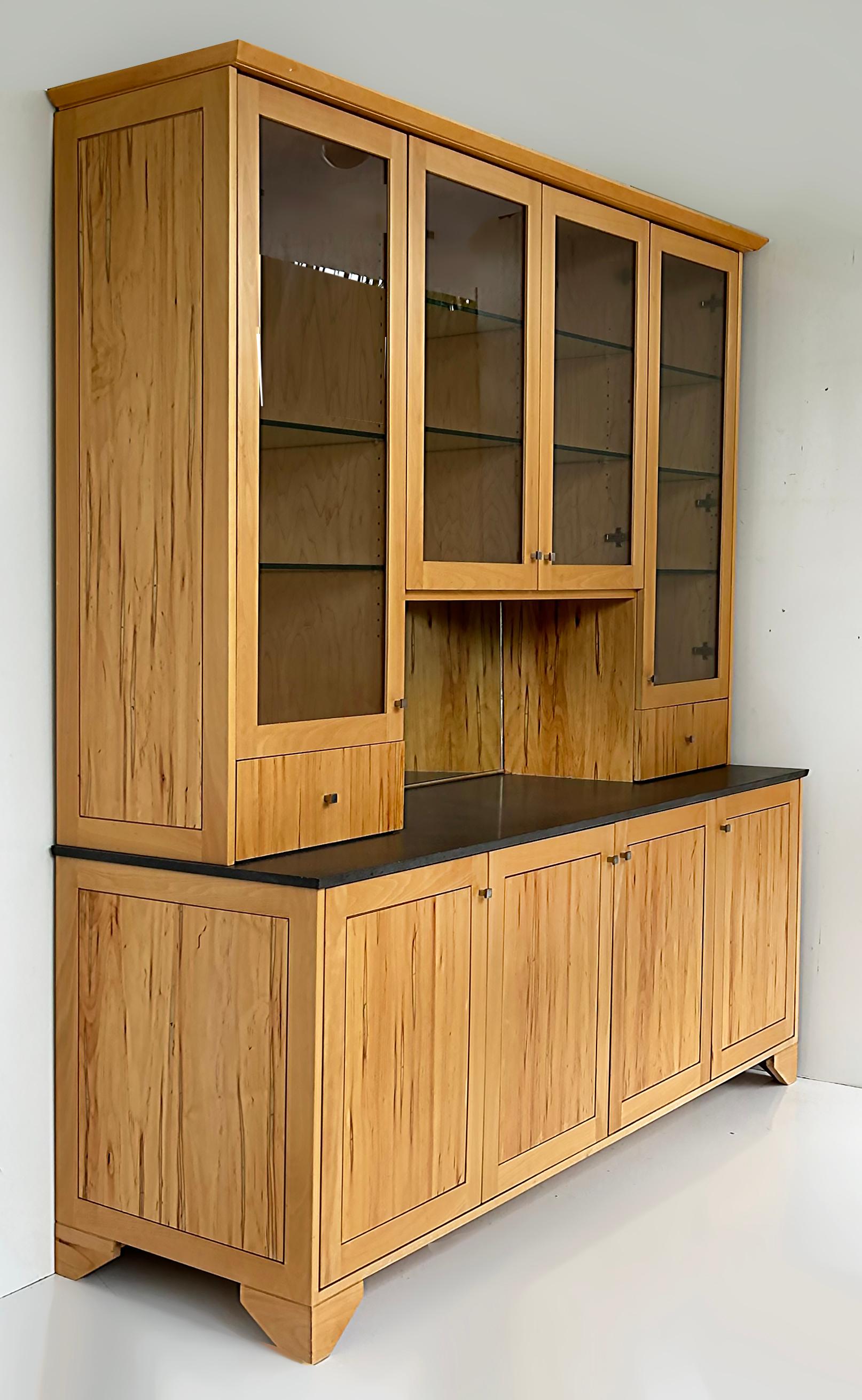 Ray Pirello Studio Maple Wood and Granite Custom Cabinet 

Offered for sale is a custom-crafted breakfront bar cabinet with a lower credenza constructed using premium domestic ambrosia maple with a clear polyurethane finish. The drawers are solid