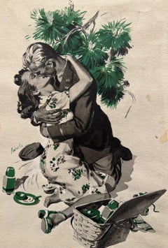 "He bent down and kissed her" Magazine WWII Era Story illustration for the Post