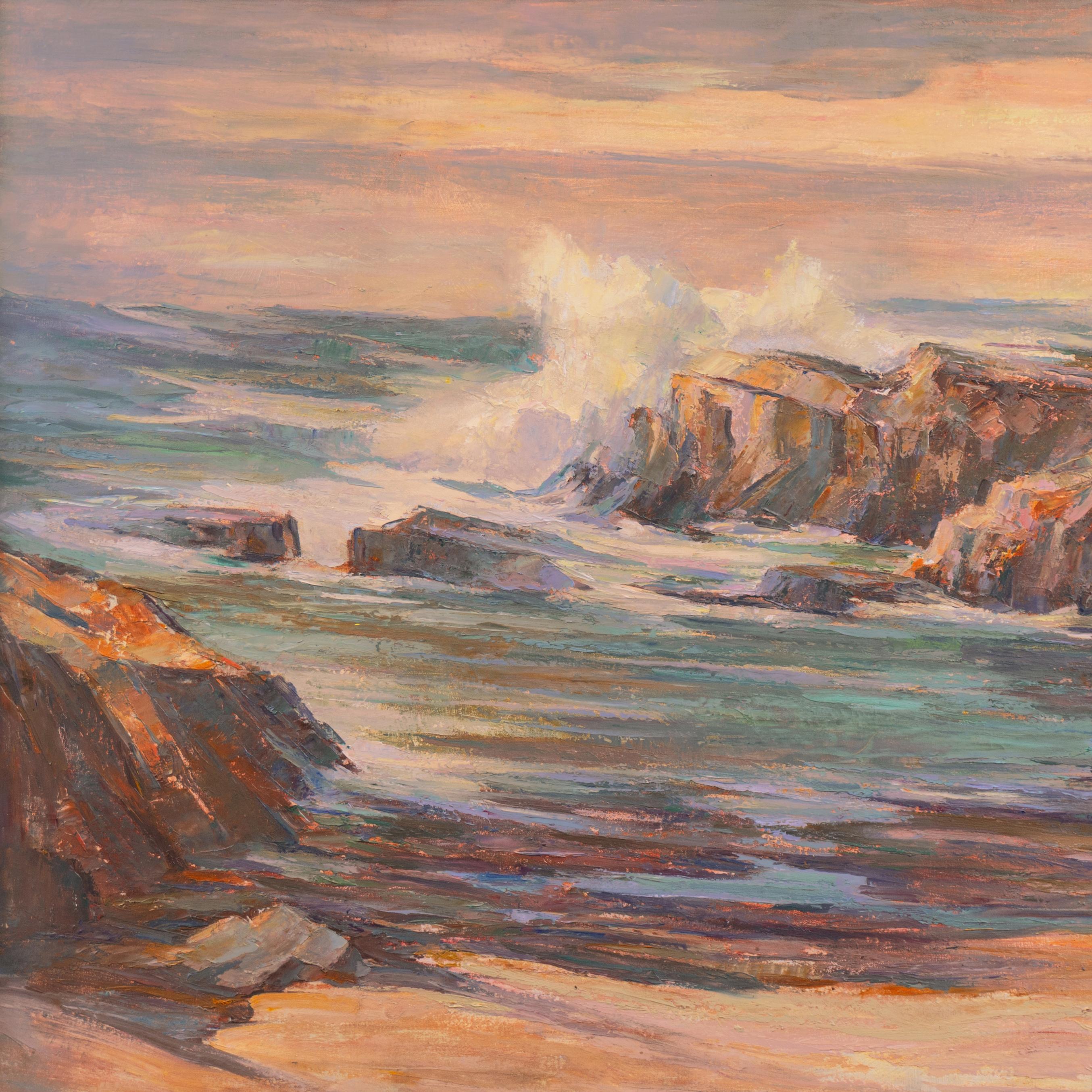 'Pacific Sunset', Oil Seascape, San Francisco Bay Area,  Santa Cruz Art League - Brown Landscape Painting by Ray Radliff