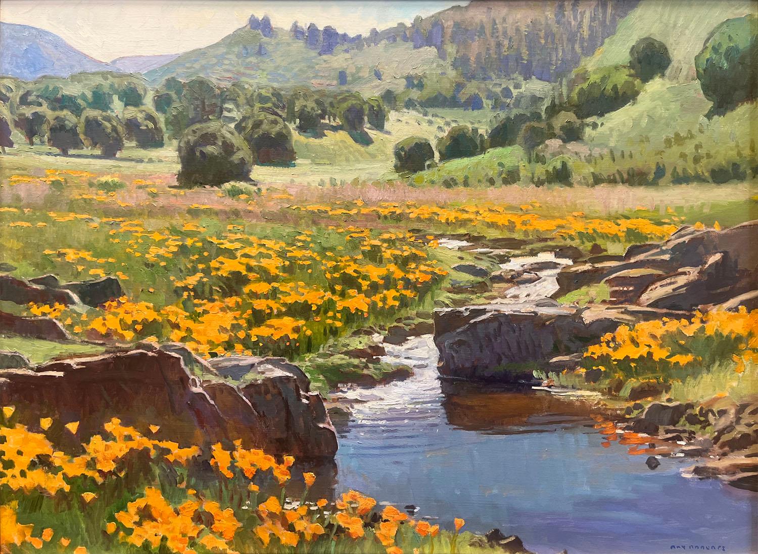 Creekside Poppies - Realist Painting by Ray Roberts