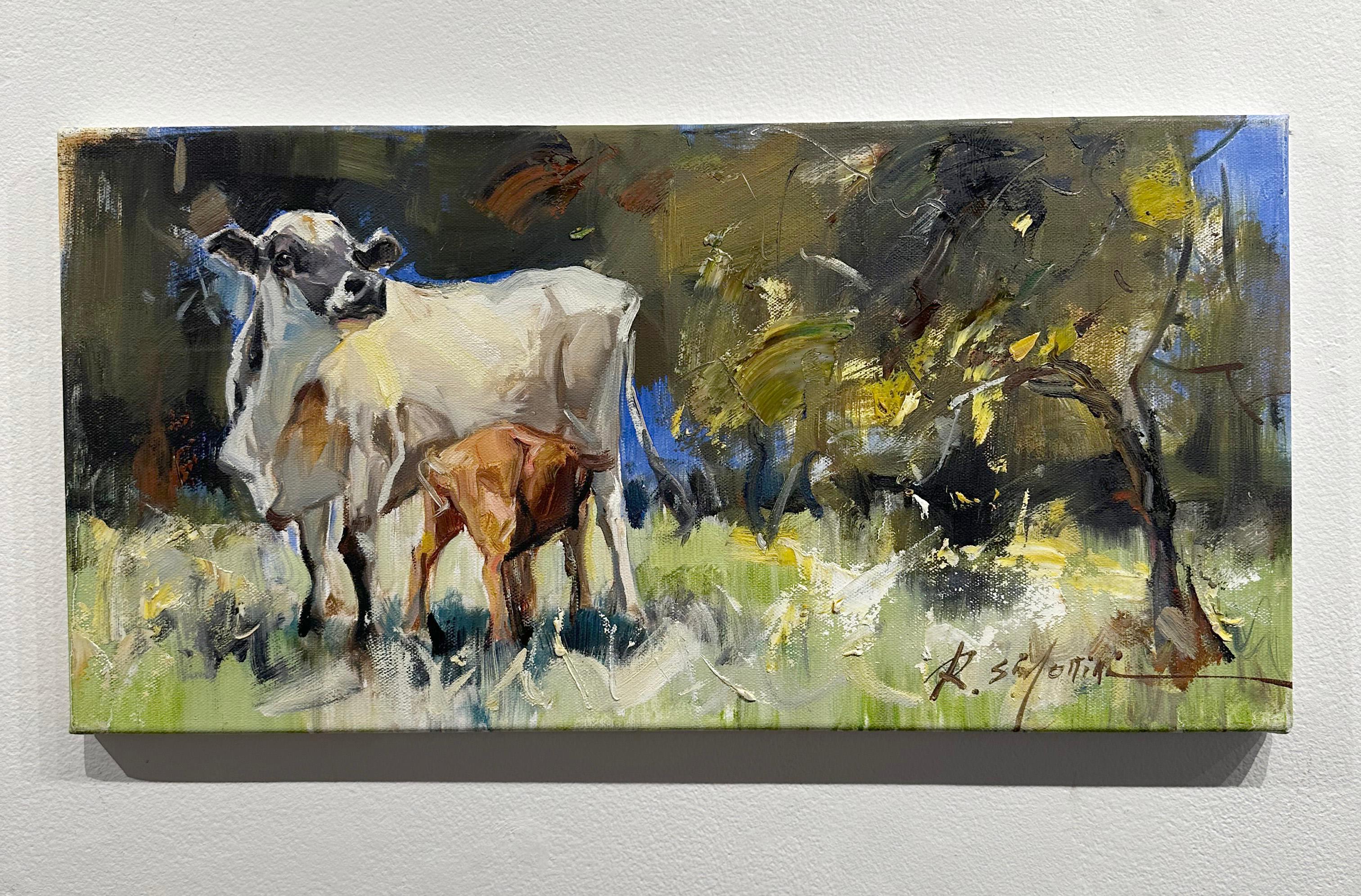 Ray Simonini, Annabelle and Grace, peinture à l'huile sur toile, 12x24, Pasture de vache en vente 1