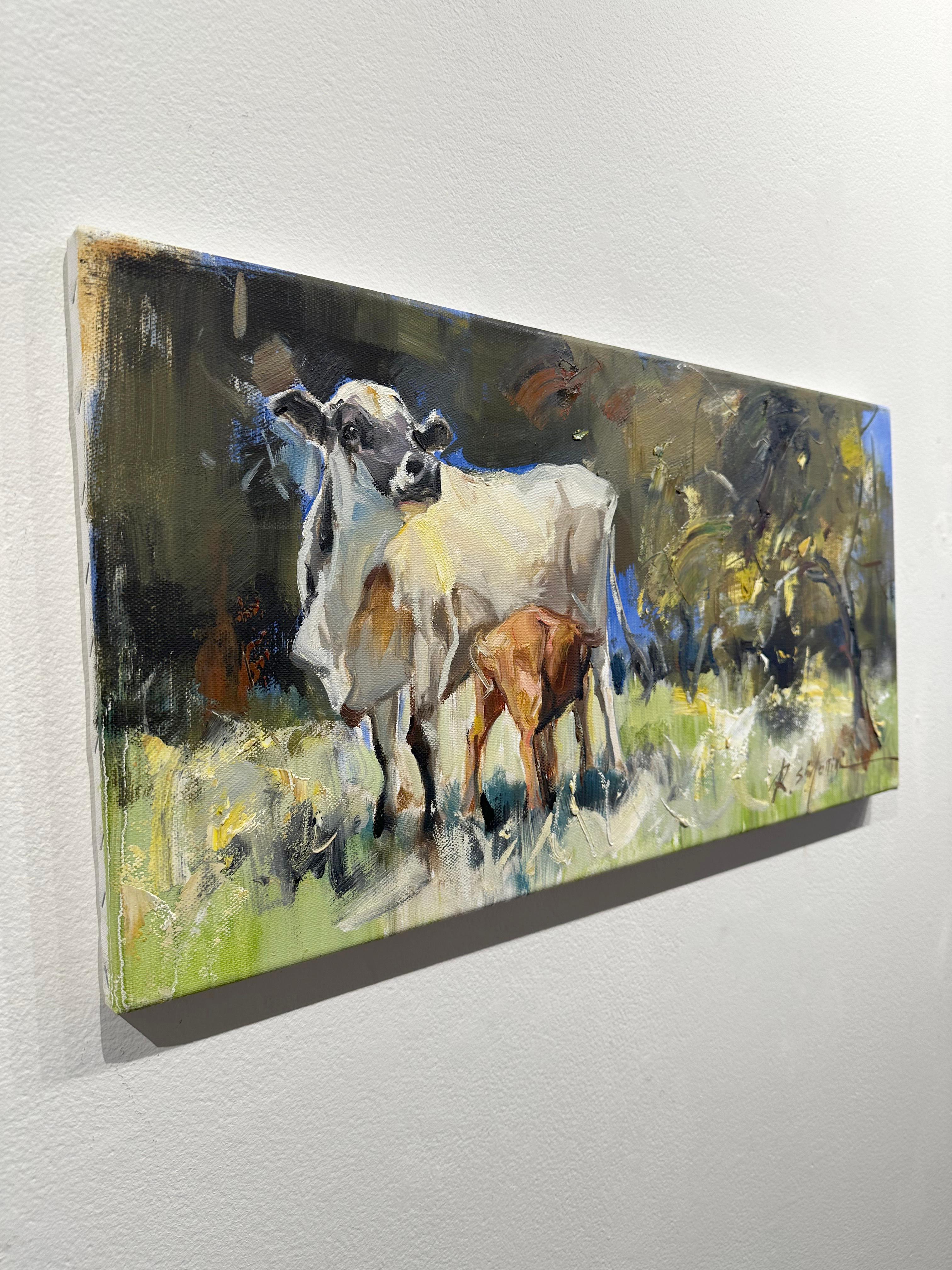 Ray Simonini, Annabelle and Grace, peinture à l'huile sur toile, 12x24, Pasture de vache en vente 2