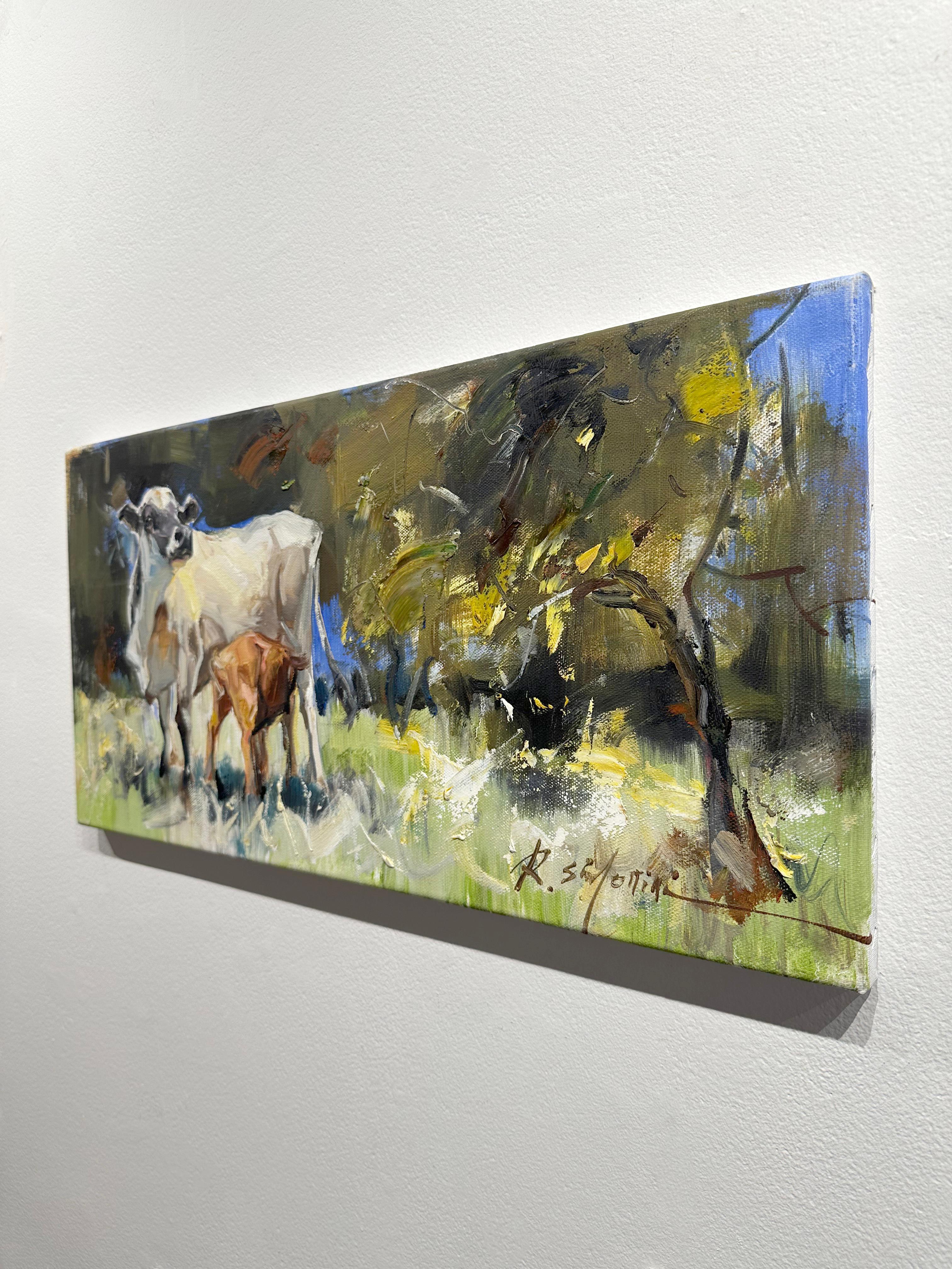 Ray Simonini, Annabelle and Grace, peinture à l'huile sur toile, 12x24, Pasture de vache en vente 3