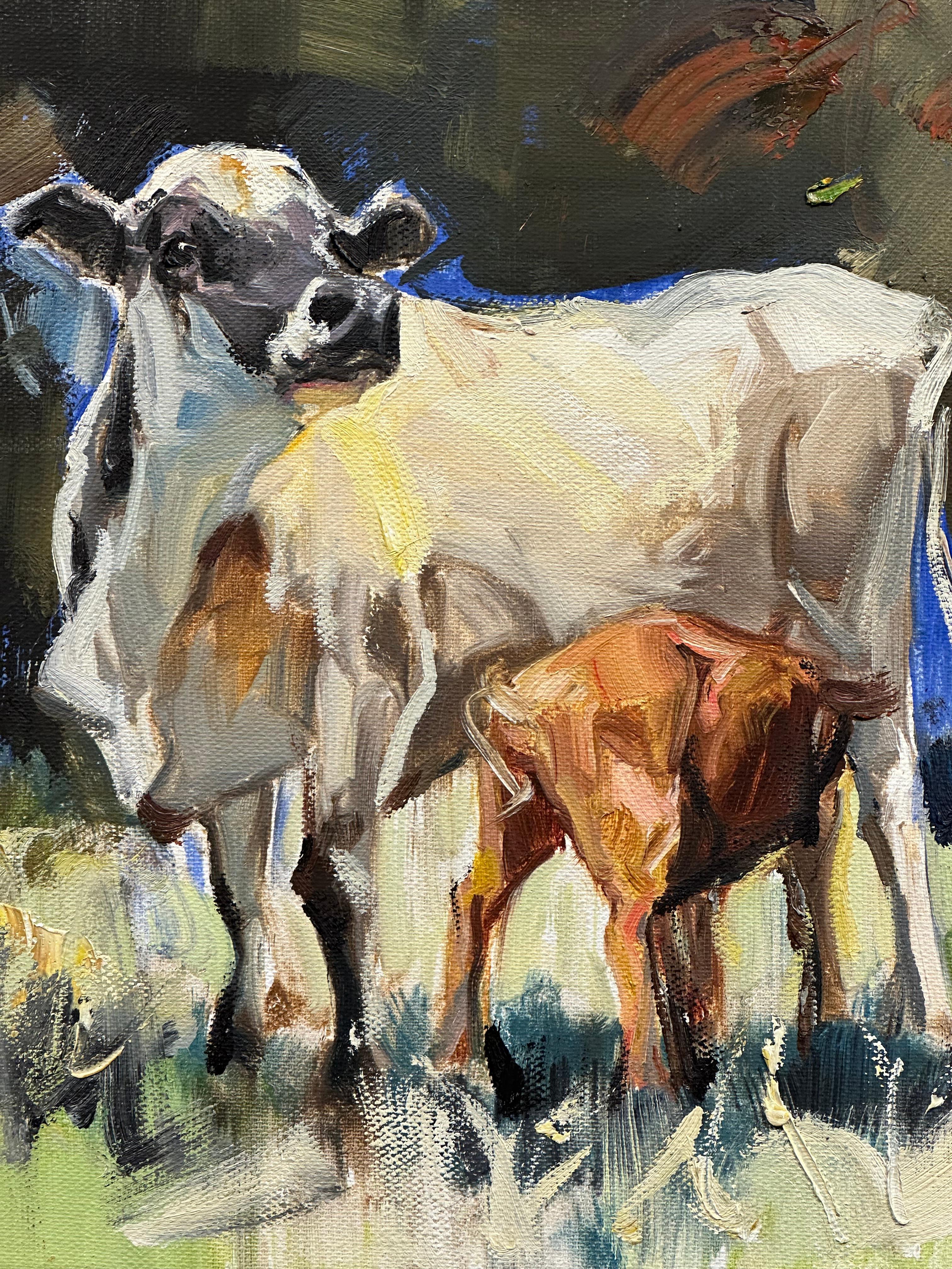 Ray Simonini, Annabelle and Grace, peinture à l'huile sur toile, 12x24, Pasture de vache en vente 4